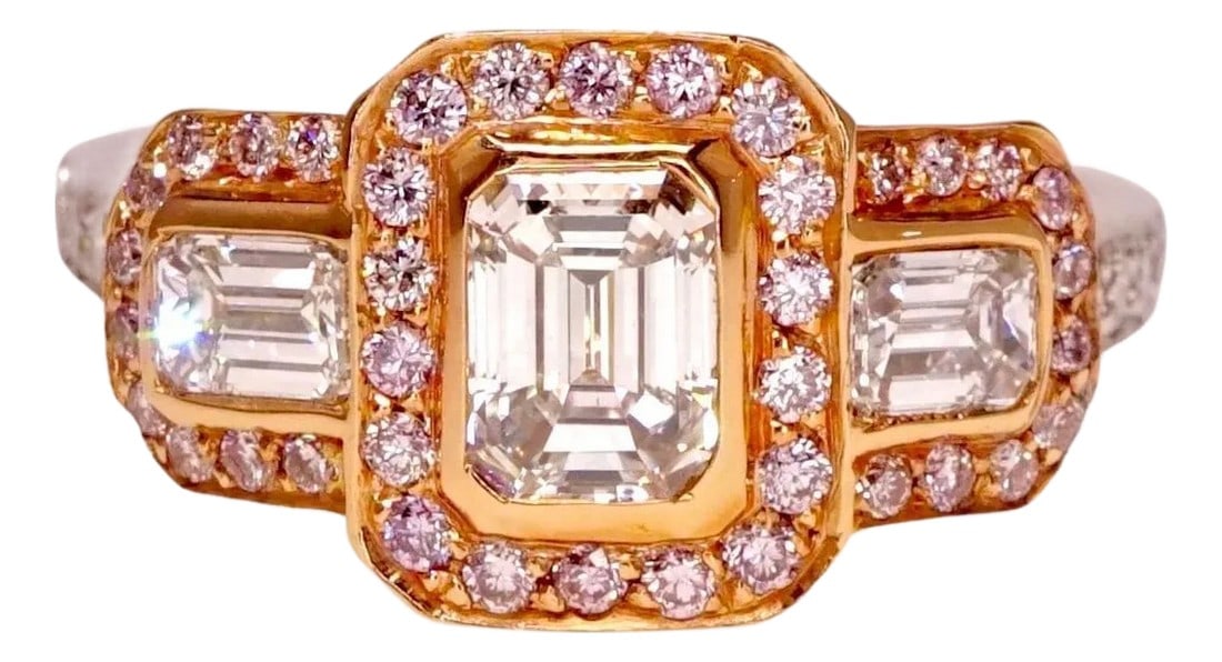 2.2 CT Emerald Cut Diamond 3-Stone Engagement Ring With Natural Pink Diamonds, Size 6.5: Diamond ring with Emerald cut natural diamond center stone and 2 Emerald cut side stones: 1.40tcw F VS1. Side stones: .55ct Natural Fancy Light Pink Diamonds VS2-SI1 and .25ct Natural Brilliant Round