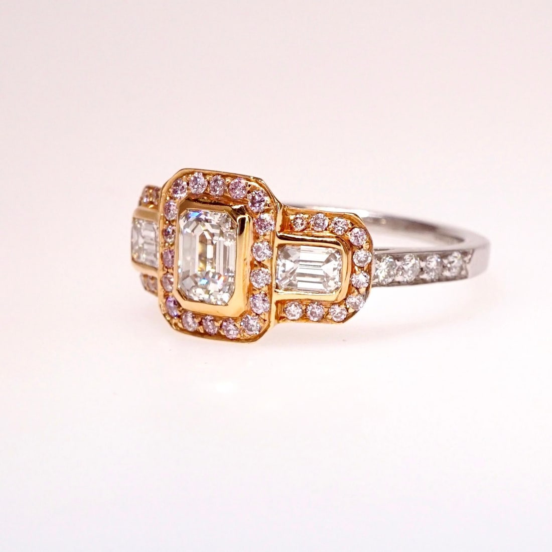 2.2 CT Emerald Cut Diamond 3-Stone Engagement Ring With Natural Pink Diamonds, Size 6.5 - 2