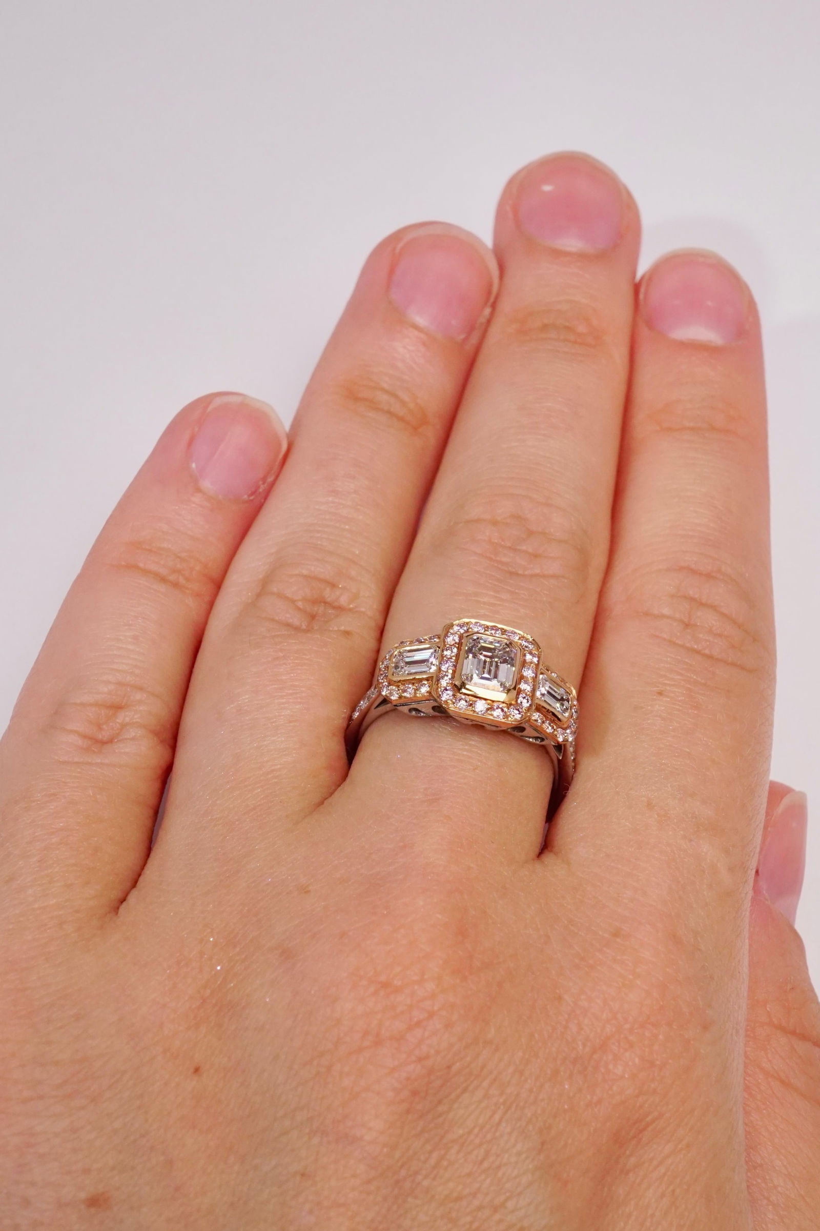 2.2 CT Emerald Cut Diamond 3-Stone Engagement Ring With Natural Pink Diamonds, Size 6.5 - 3