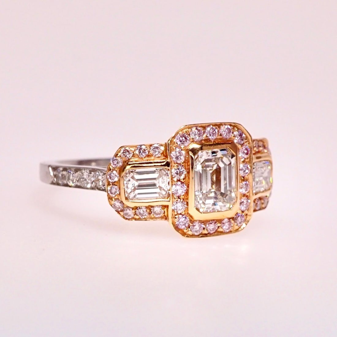 2.2 CT Emerald Cut Diamond 3-Stone Engagement Ring With Natural Pink Diamonds, Size 6.5 - 4