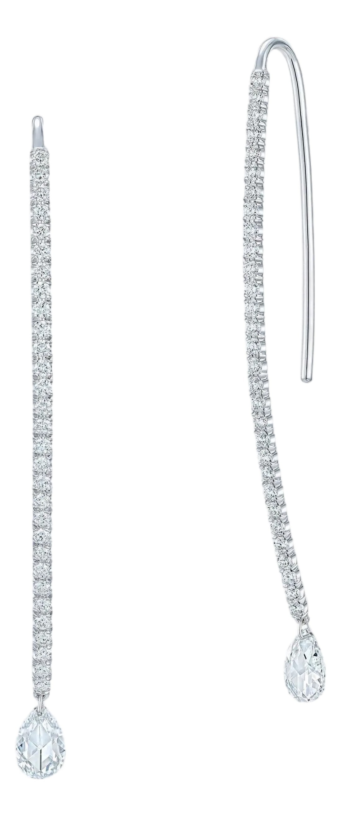 Dangling Pear Shape Briolette Diamond Earrings in 18K White Gold, A Pair: Dangling Pear Shaped Briolette Earrings in with 1.7 carats total white diamonds set in 18K white gold. Total weight: 3.15 grams. Proudly crafted by SIMON ARDEM artisans in New York City. Please allow