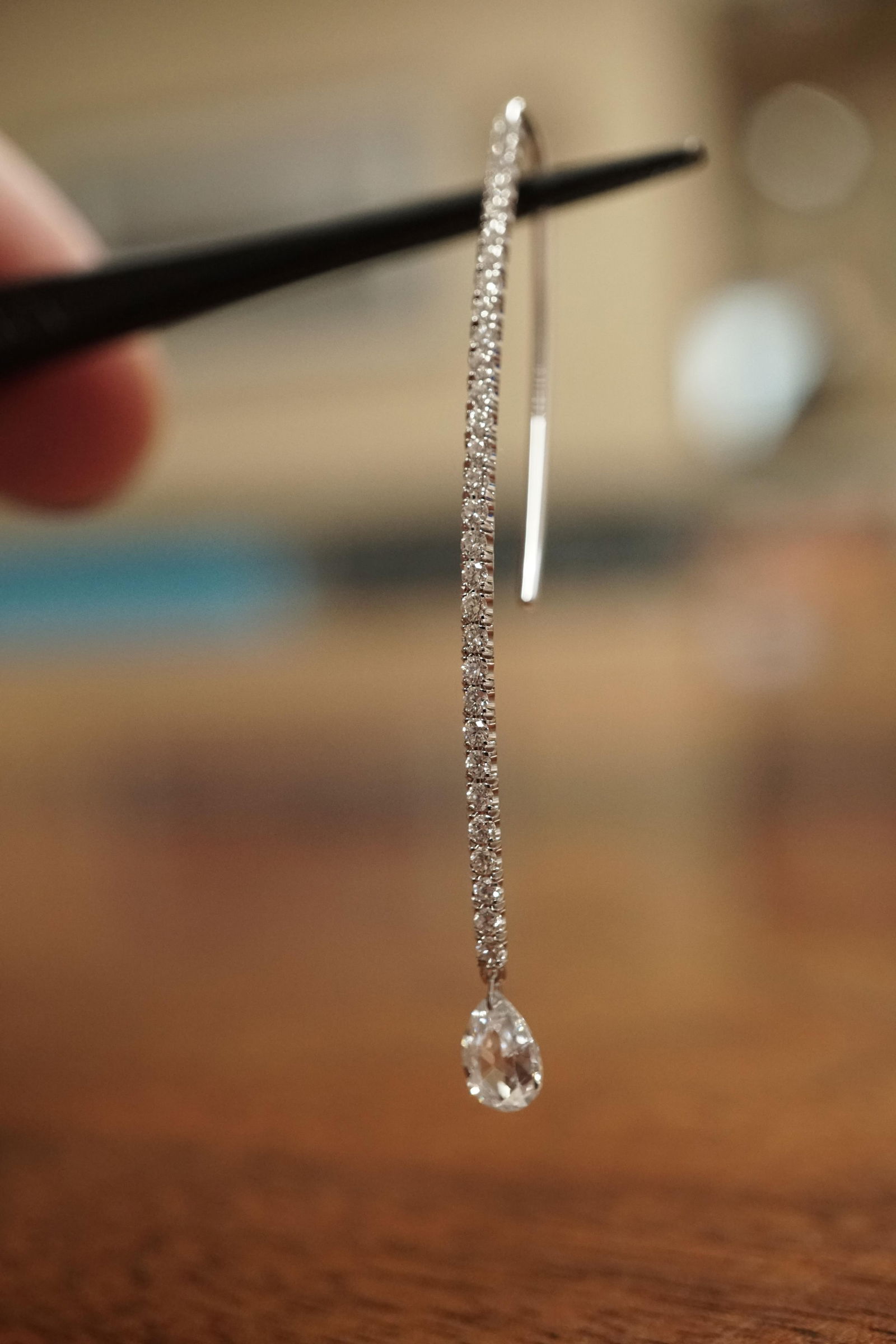 Dangling Pear Shape Briolette Diamond Earrings in 18K White Gold, A Pair - 2