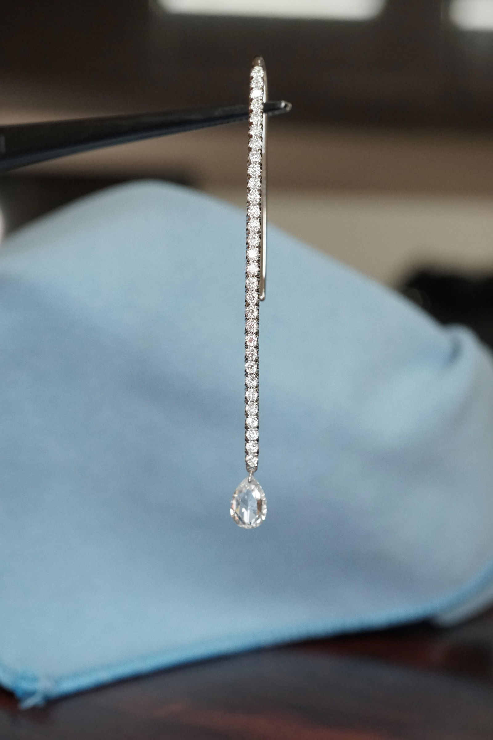 Dangling Pear Shape Briolette Diamond Earrings in 18K White Gold, A Pair - 3