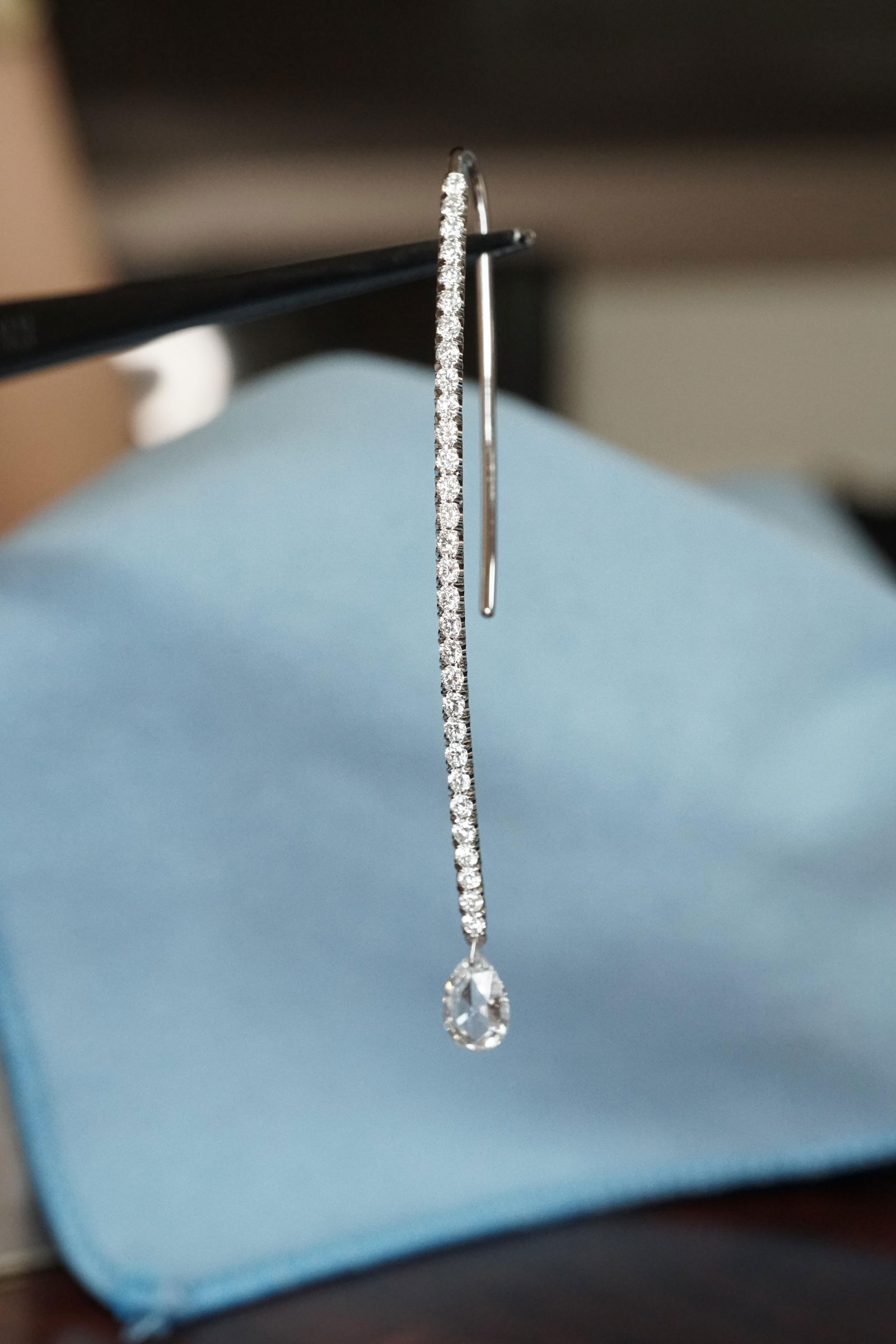 Dangling Pear Shape Briolette Diamond Earrings in 18K White Gold, A Pair - 5