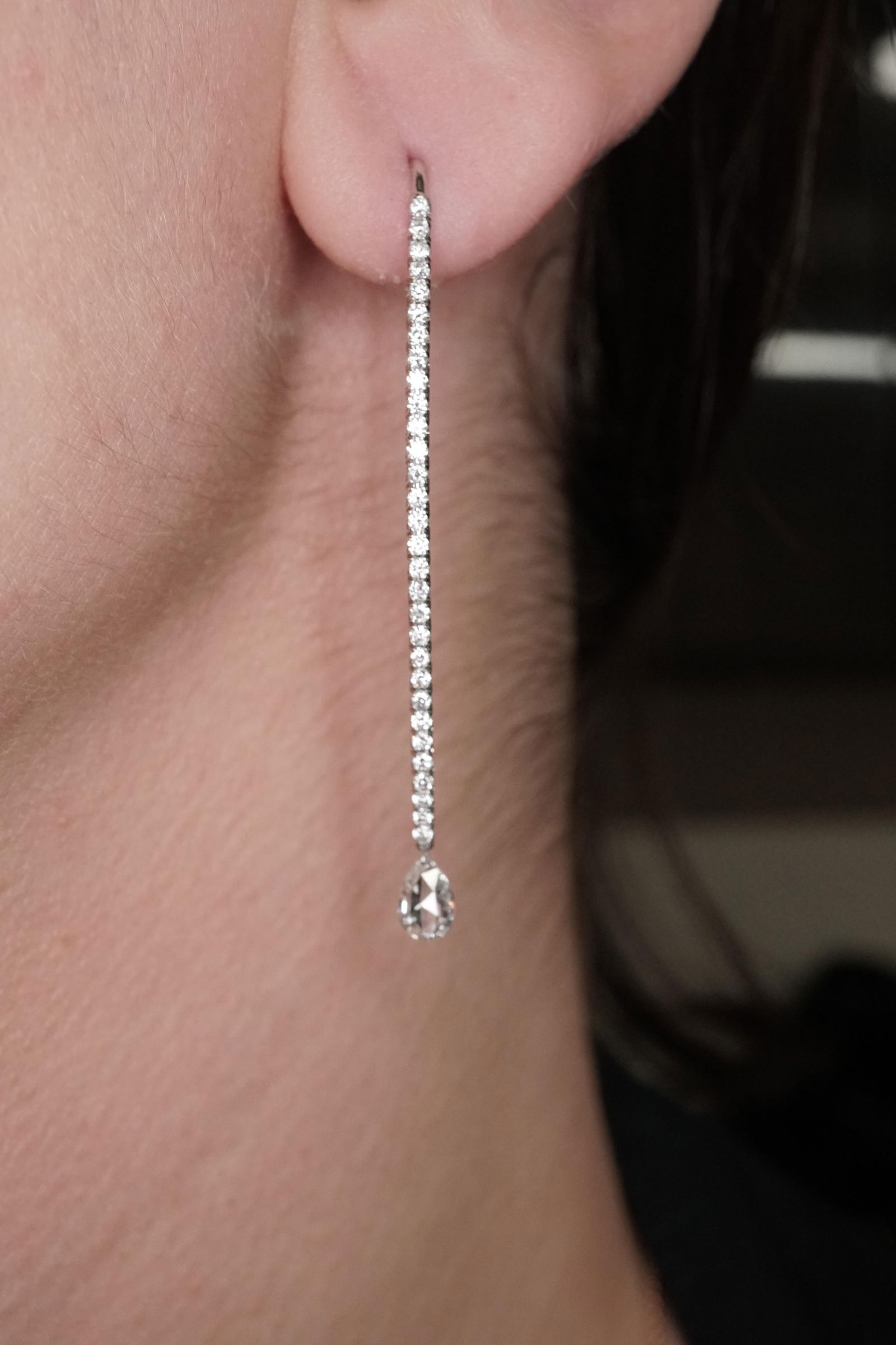 Dangling Pear Shape Briolette Diamond Earrings in 18K White Gold, A Pair - 6