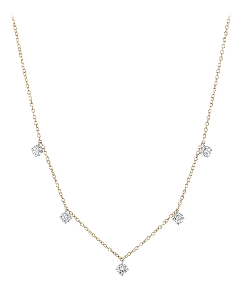 1.25 Carat Brilliant Round Diamond Chain Necklace: Five round diamonds set in Platinum baskets on 18K Yellow gold chain. Round Brilliant diamonds are F-G VS2-SI1. Total carat weight = 1.25ct. Total weight 3.25 grams. Length is 16". Proudly crafted
