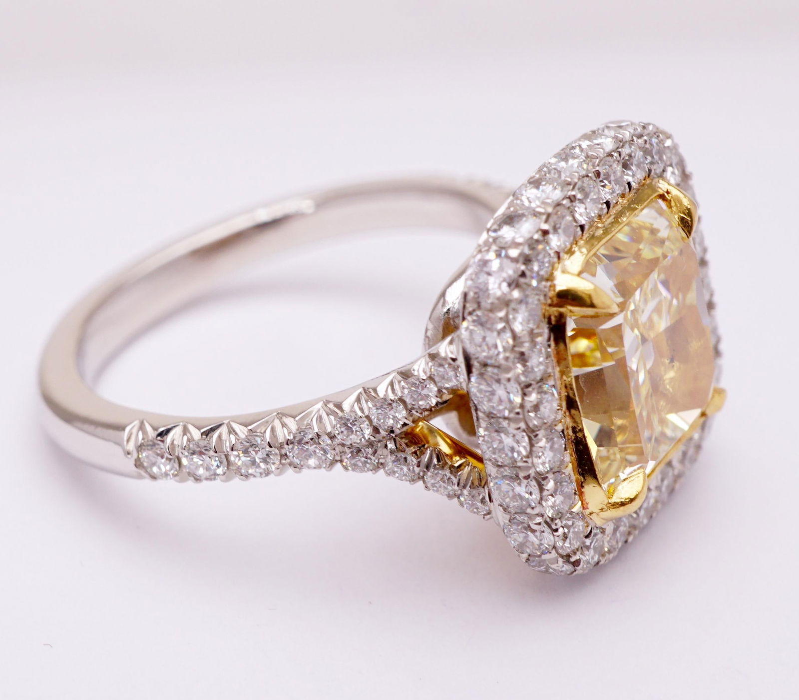 Certified Fancy Yellow Radiant 2.84 Carat Diamond Cocktail Ring Set in Platinum, Size 6 - 3