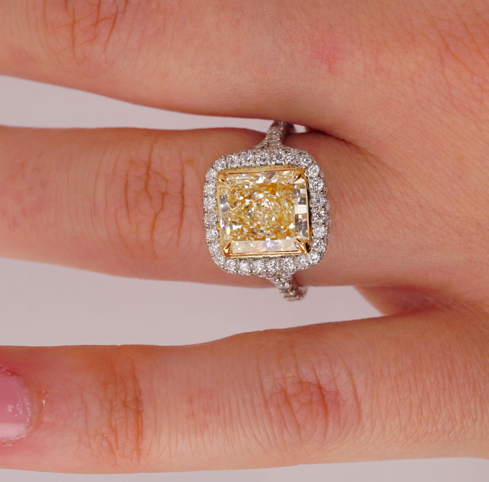 Certified Fancy Yellow Radiant 2.84 Carat Diamond Cocktail Ring Set in Platinum, Size 6 - 4