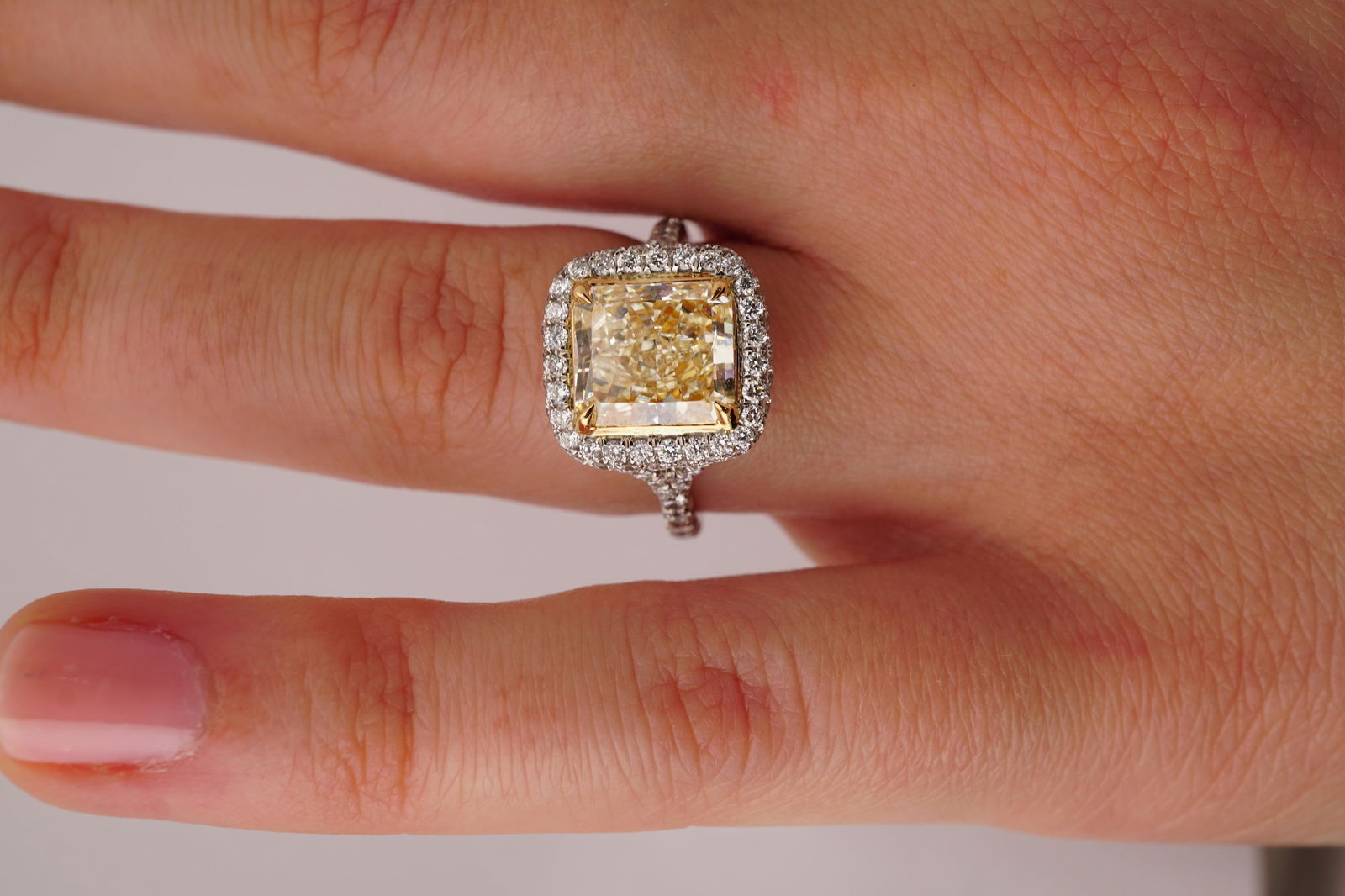 Certified Fancy Yellow Radiant 2.84 Carat Diamond Cocktail Ring Set in Platinum, Size 6 - 7