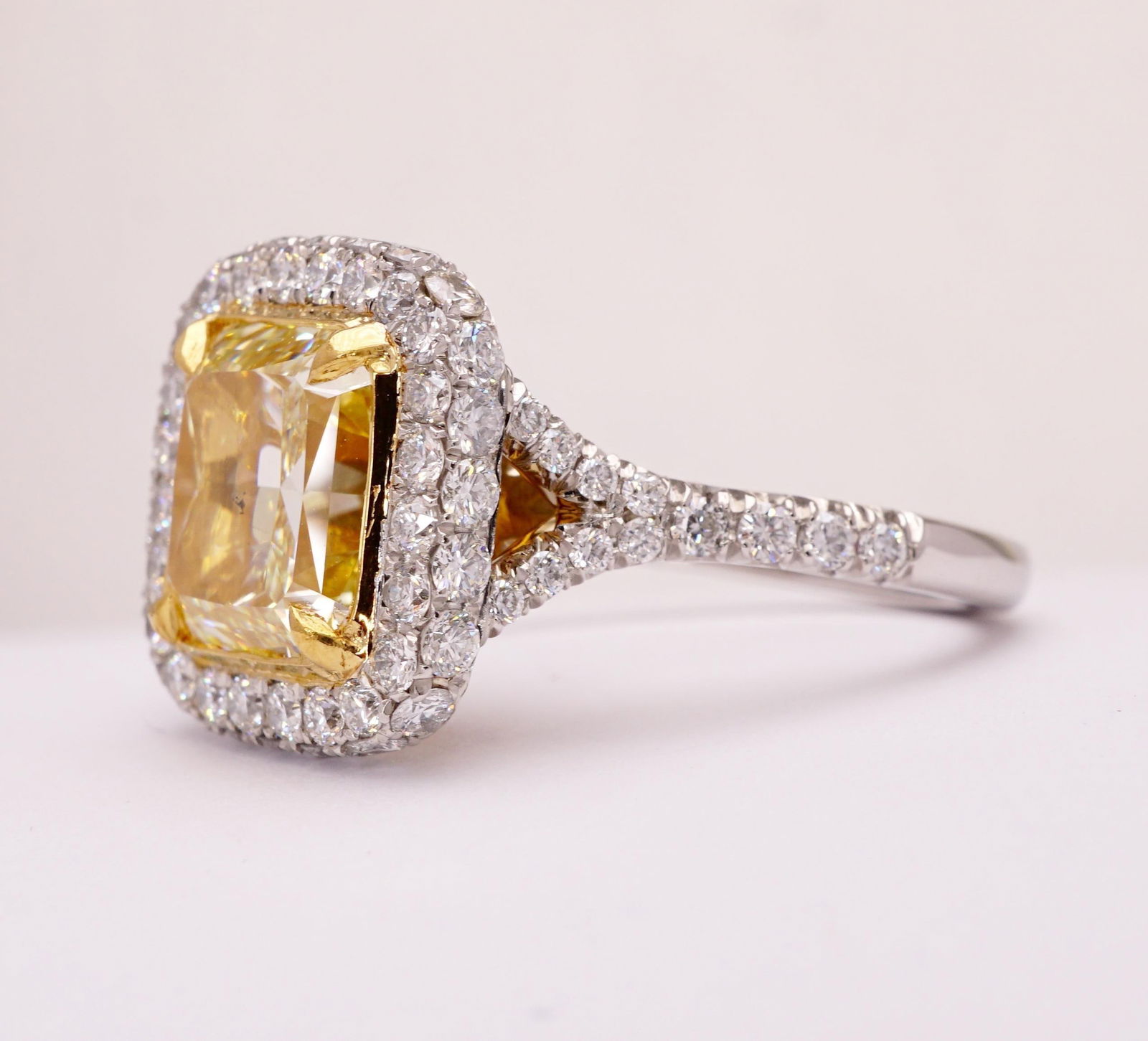 Certified Fancy Yellow Radiant 2.84 Carat Diamond Cocktail Ring Set in Platinum, Size 6 - 9