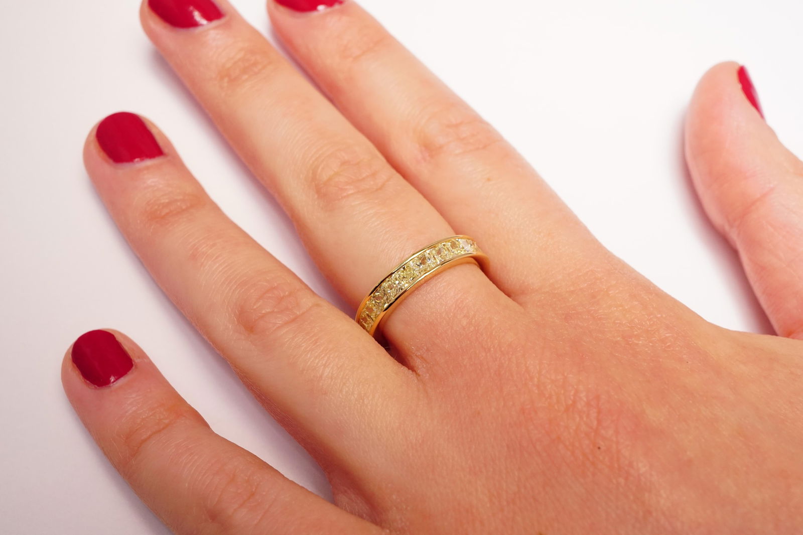 3.25 Carat Fancy Yellow Square Radiant Diamond Eternity Band, Size 5.75 - 2