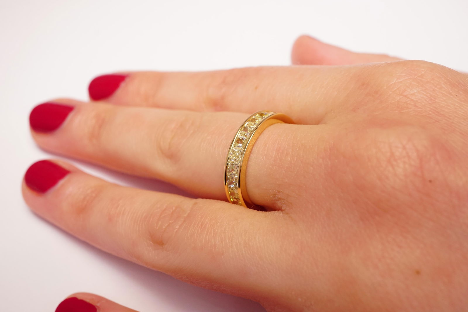 3.25 Carat Fancy Yellow Square Radiant Diamond Eternity Band, Size 5.75 - 4