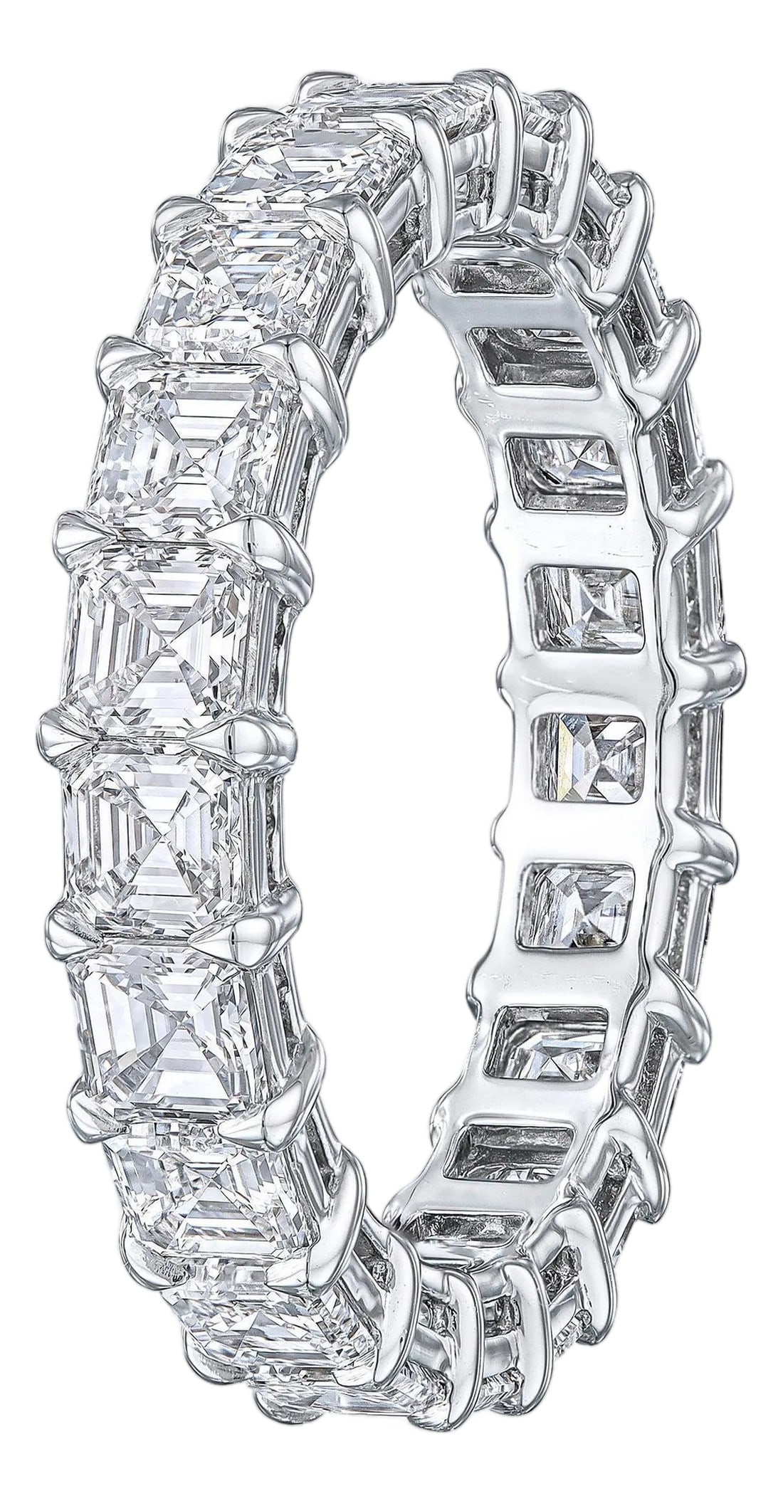 3.10 Carat Asscher Cut Diamond Wedding Eternity Band In Platinum, Size 5.75: Diamond Eternity Band set in Platinum. 22 Asscher cut diamonds are D-E-F VVS2-VS2 . Carat weight: 3.10ct. Total ring weight: 3.9 grams. Ring size: 5.75. Please allow for 3-4 week lead time. Proudly