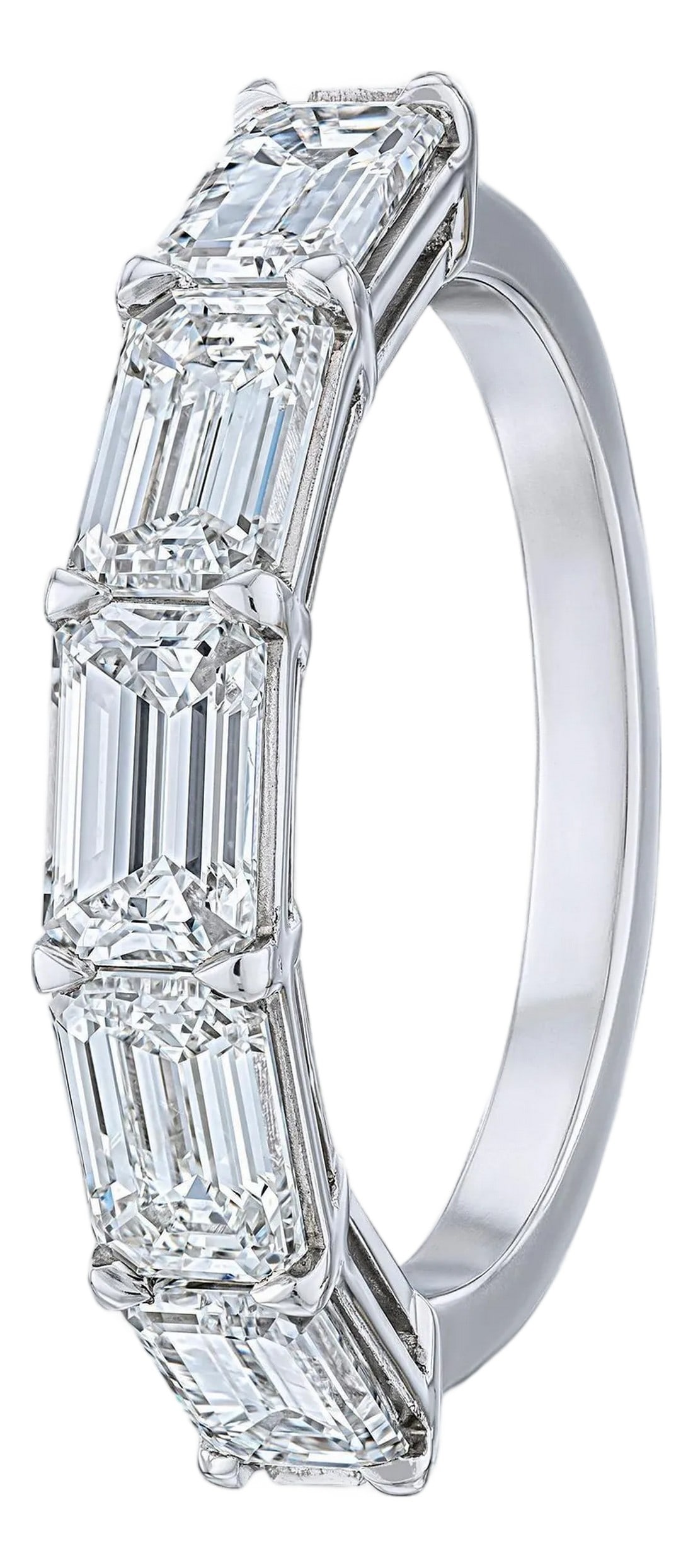 GIA 2.50 Carat East-West Emerald Cut Diamond Band Ring In 14K White Gold, Size 6: Diamond Eternity Band set in Platinum. 5 Emerald cut natural diamonds are DEF-VVS2-VS2. All stones are GIA certified and perfectly matching. Carat weight: 2.5ct. Ring size: 6. Please allow for 3-4