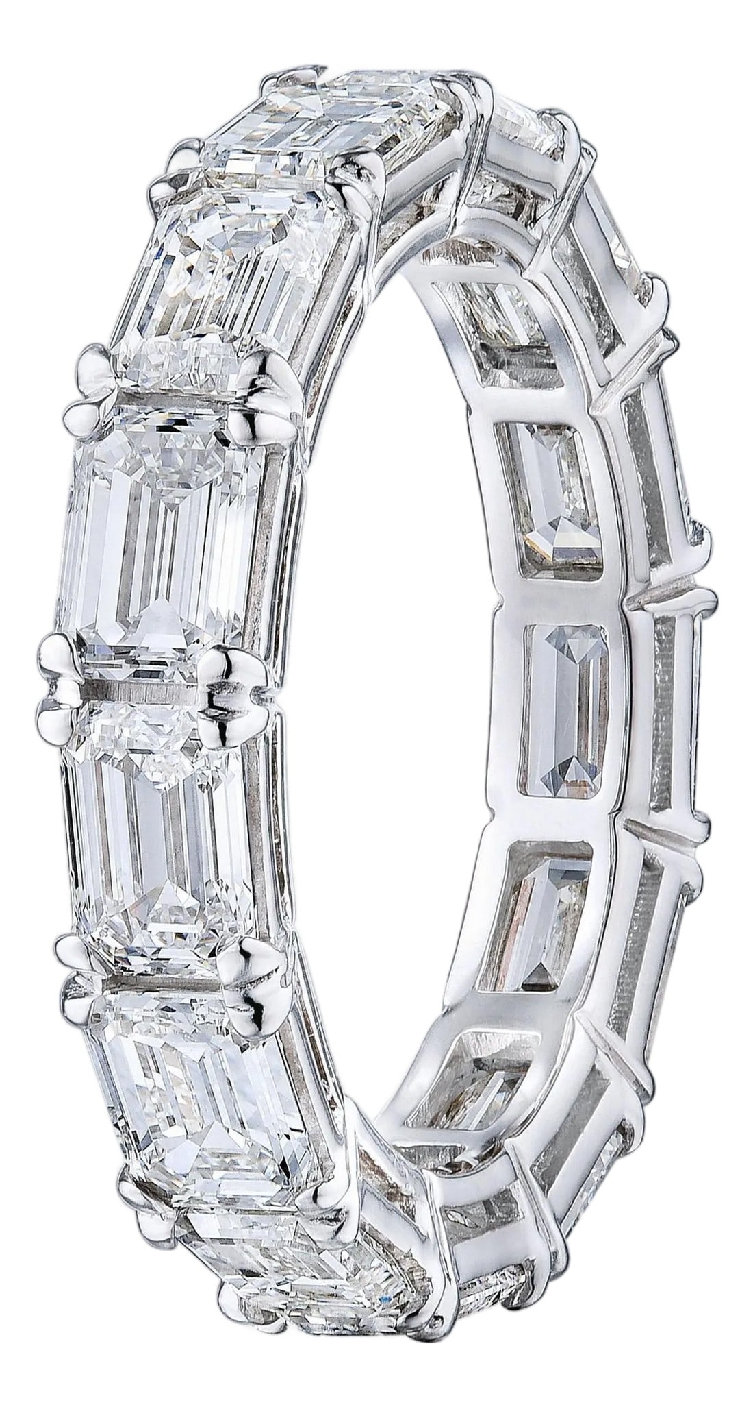 GIA Emerald Cut 4.60 Carat Diamond East West Style Wedding Eternity Band, Size 5.25: Diamond Eternity Band set in Platinum. Horizontal set Emerald cut diamonds are D-E-F VVS2-VS1. Fluorescence: none. Every diamond is GIA Certified. Carat weight: 4.60ct. Ring size: 5.25. Please allow