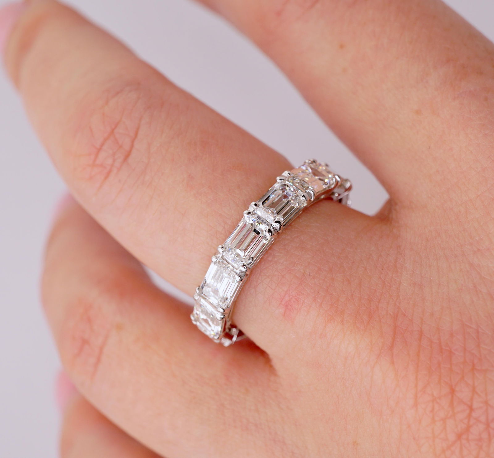 GIA Emerald Cut 4.60 Carat Diamond East West Style Wedding Eternity Band, Size 5.25 - 2