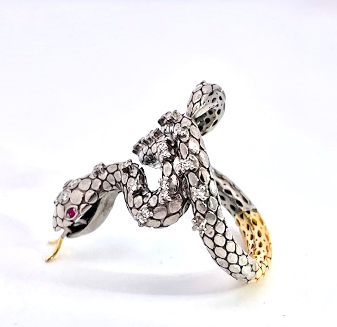 1980s Snake Ring Silver and Gold Diamond Studded - 10