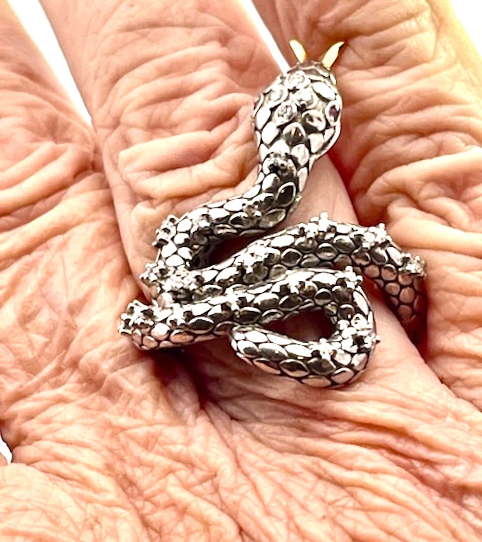 1980s Snake Ring Silver and Gold Diamond Studded - 11