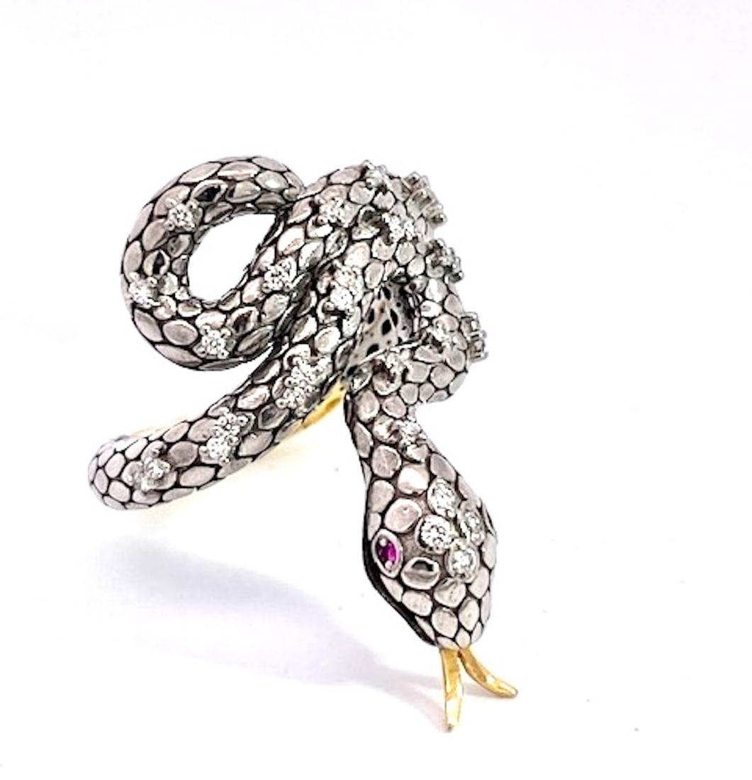 1980s Snake Ring Silver and Gold Diamond Studded - 2
