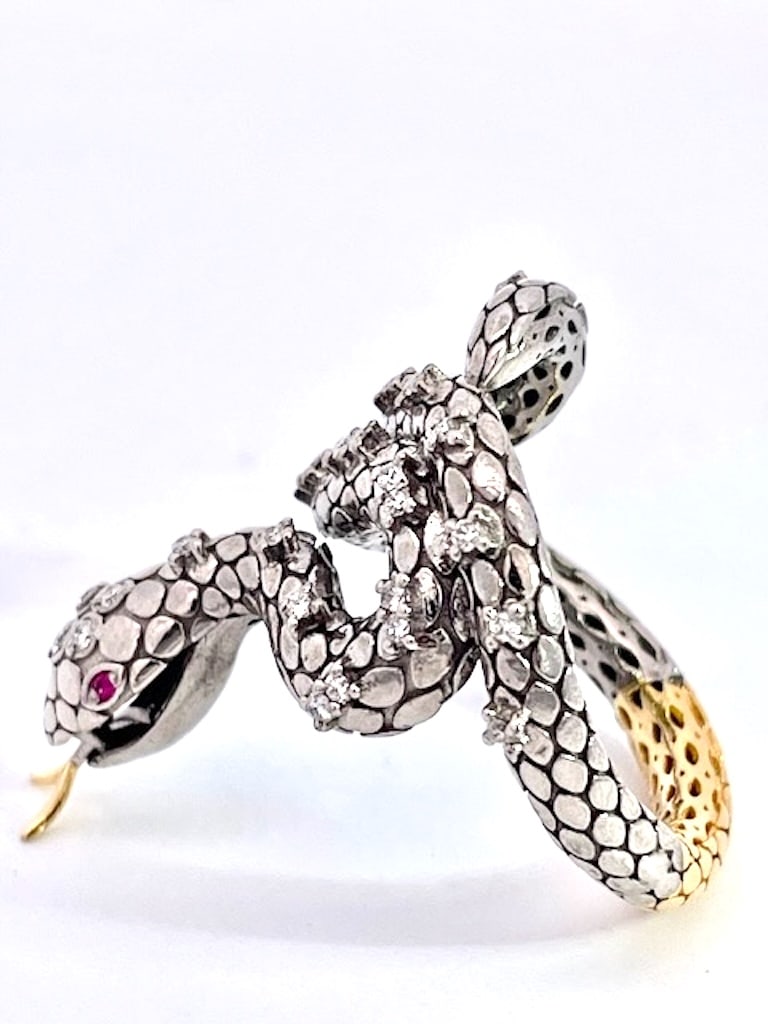1980s Snake Ring Silver and Gold Diamond Studded - 3