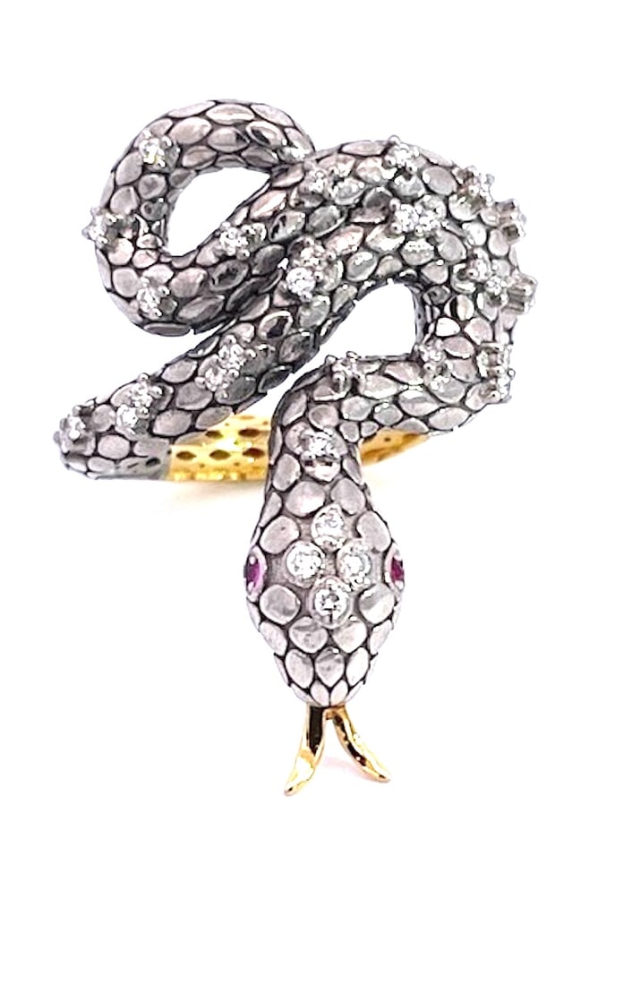 1980s Snake Ring Silver and Gold Diamond Studded - 4