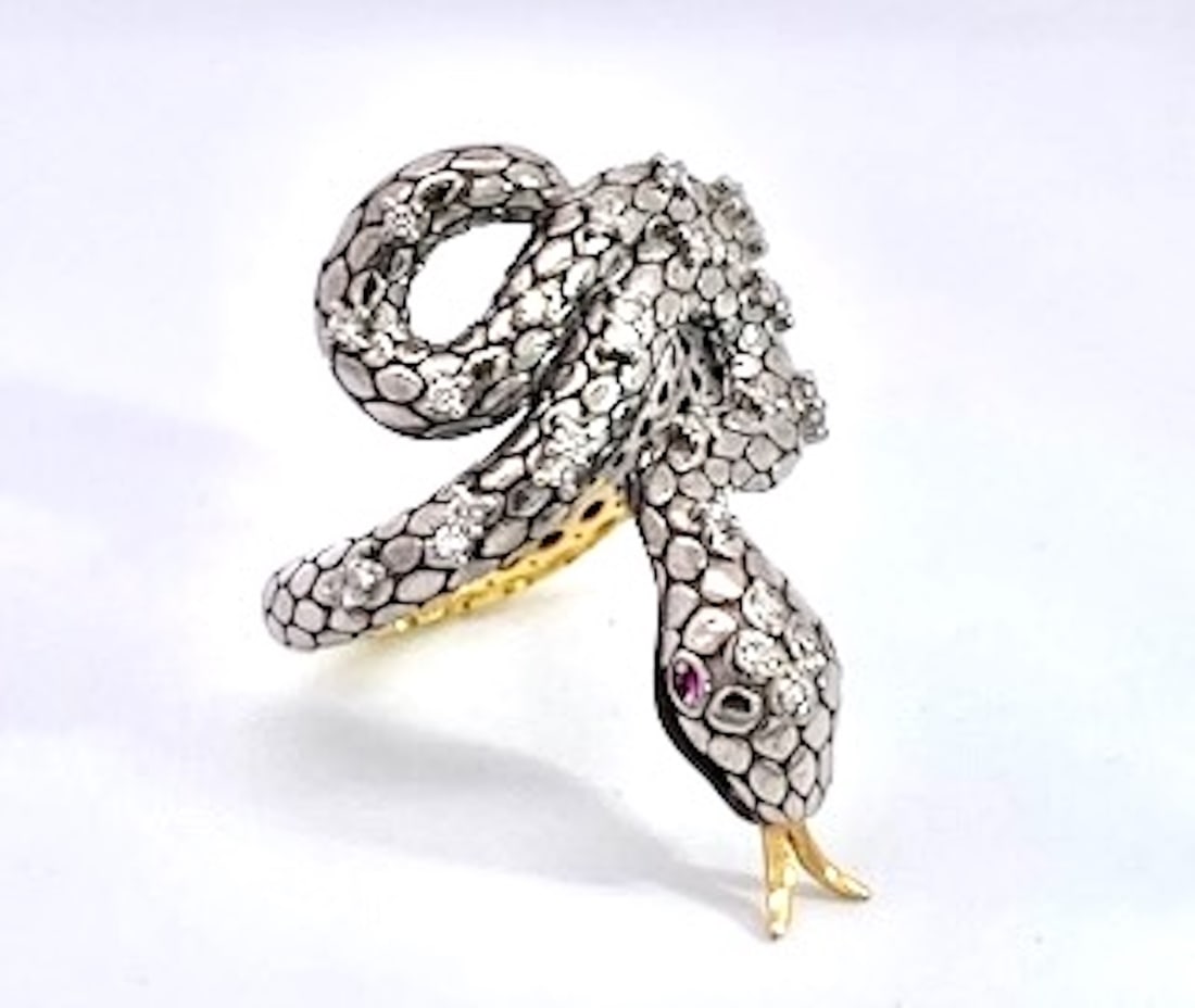 1980s Snake Ring Silver and Gold Diamond Studded - 6