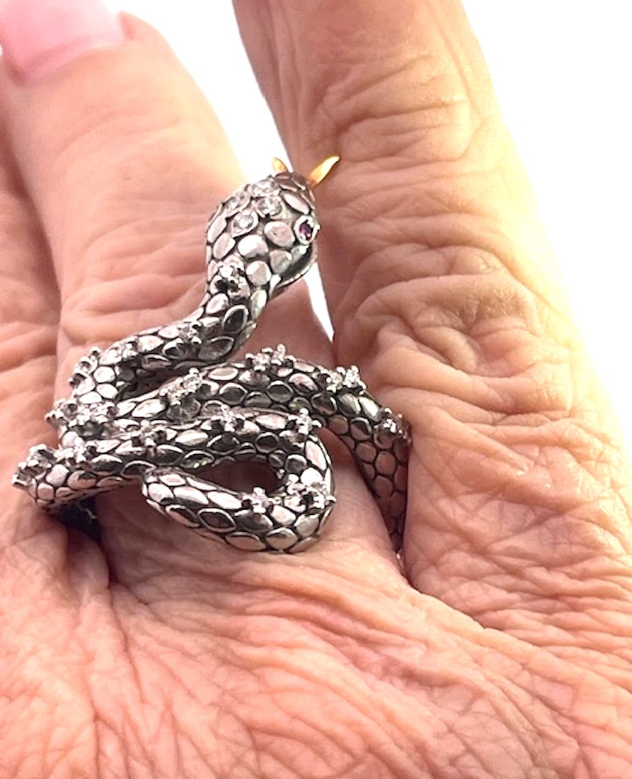 1980s Snake Ring Silver and Gold Diamond Studded - 7