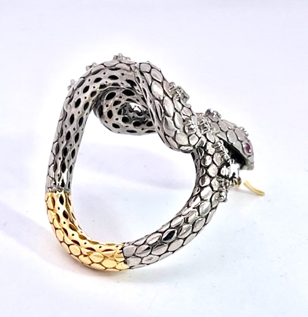 1980s Snake Ring Silver and Gold Diamond Studded - 8