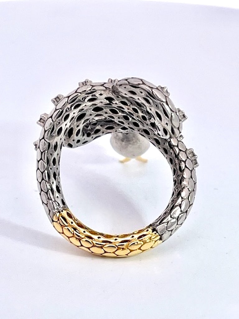 1980s Snake Ring Silver and Gold Diamond Studded - 9