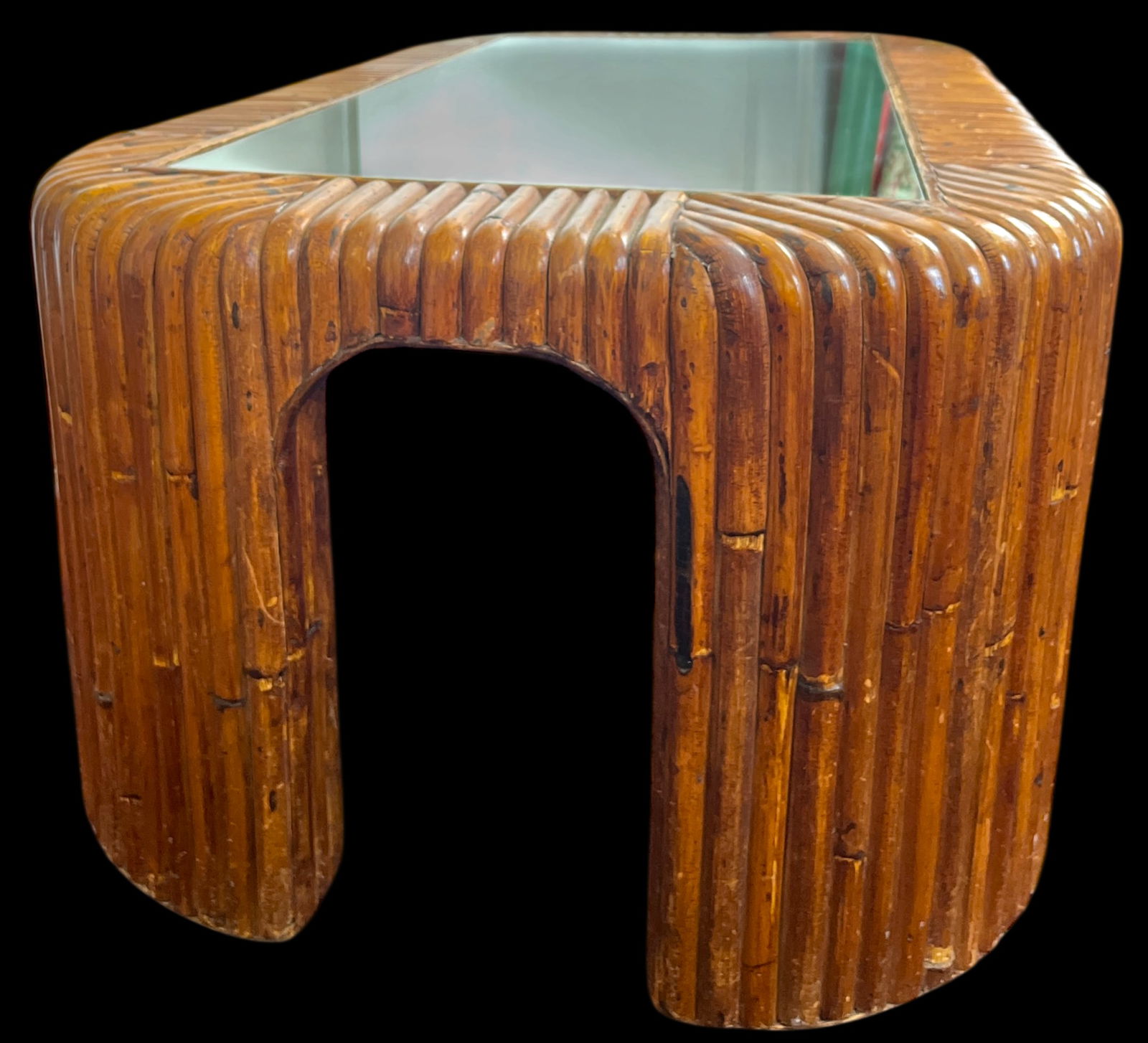 Vintage 1970s Sculptural Bent Split Reed Wood Coffee Table With Mirrored Center "” In the - 2