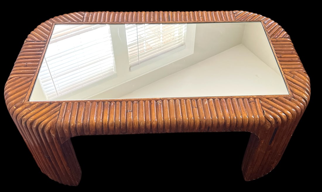 Vintage 1970s Sculptural Bent Split Reed Wood Coffee Table With Mirrored Center "” In the - 3