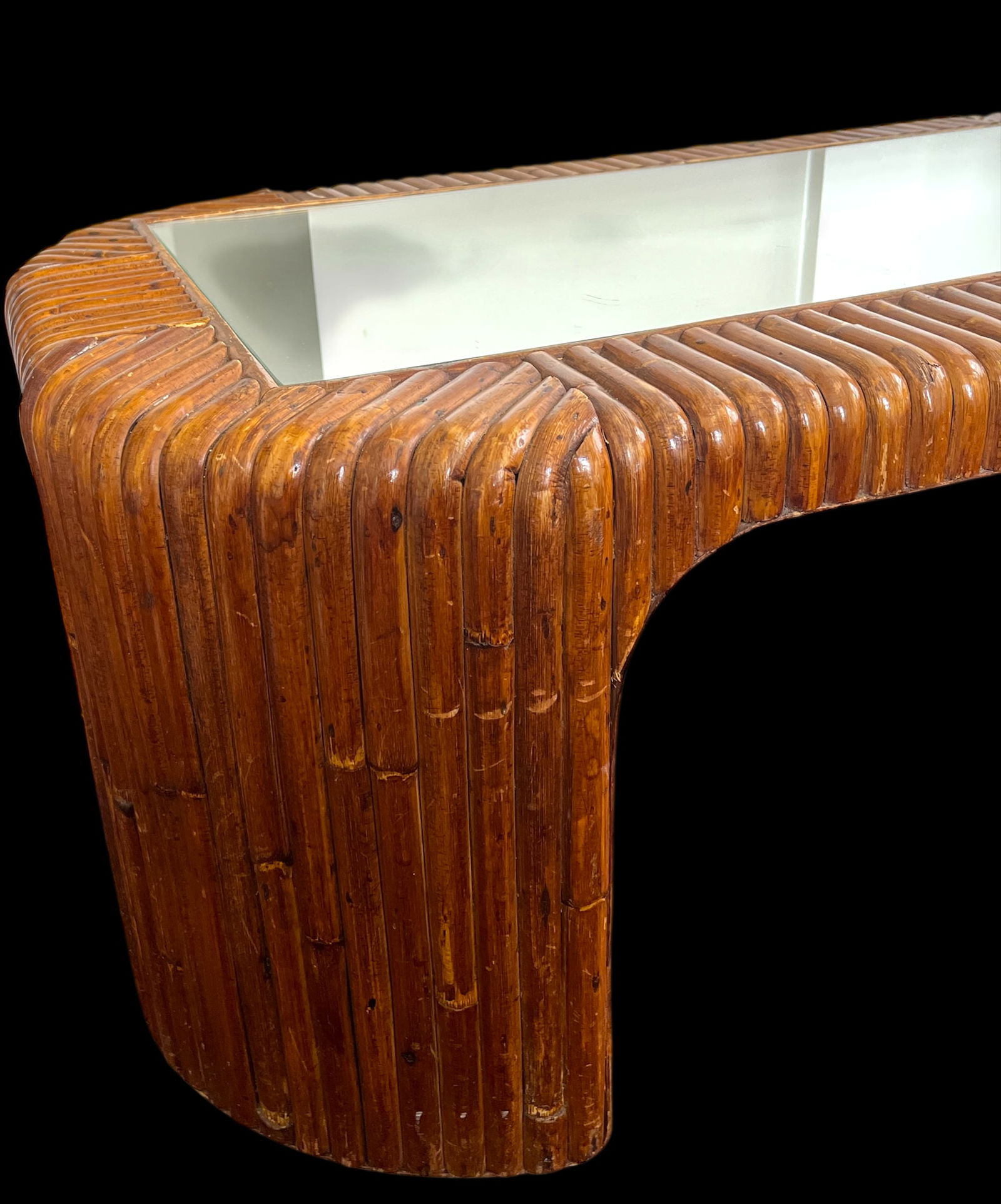 Vintage 1970s Sculptural Bent Split Reed Wood Coffee Table With Mirrored Center "” In the - 4