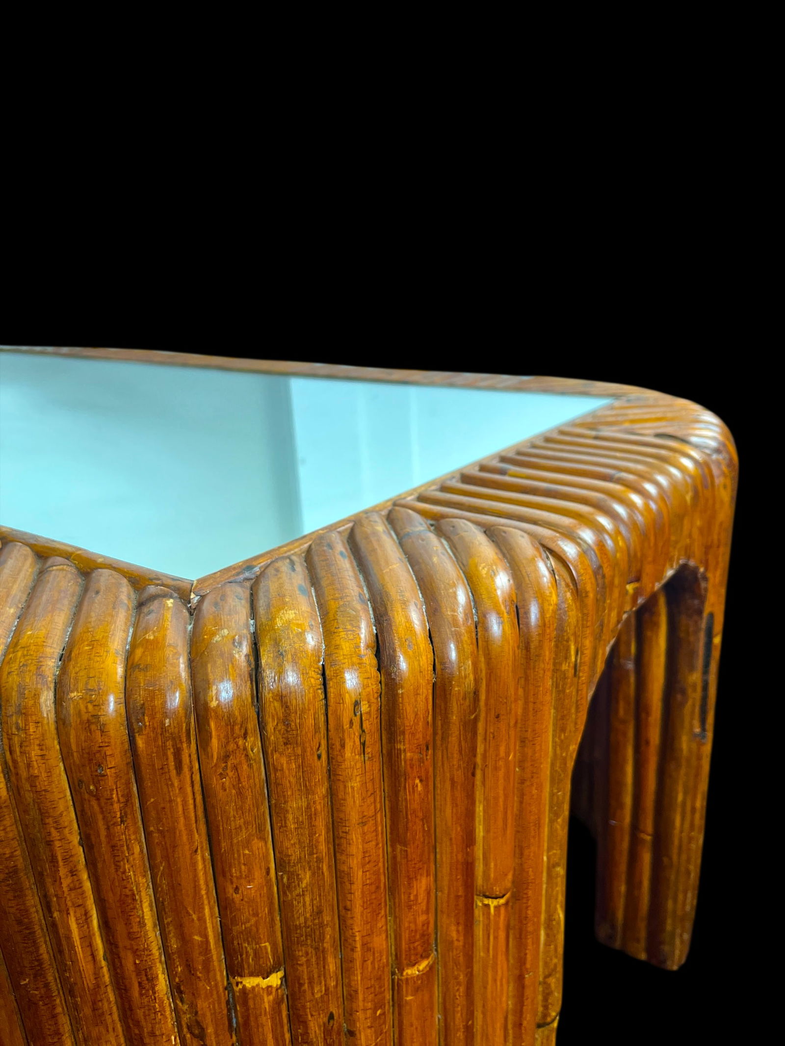 Vintage 1970s Sculptural Bent Split Reed Wood Coffee Table With Mirrored Center "” In the - 7