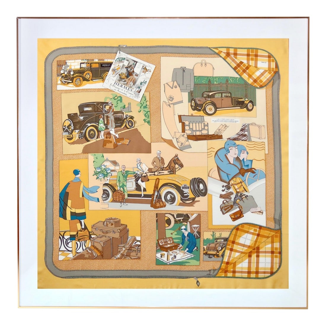 1990s Framed Hermès Silk Scarf "L'Elégance Et Le Confort en Automobile" by Caty Latham -: This is a beautiful and authentic framed Hermès silk scarf named "L'Élégance et le Confort en Automobile". It was designed by Caty Latham in 1996. The design draws on classic