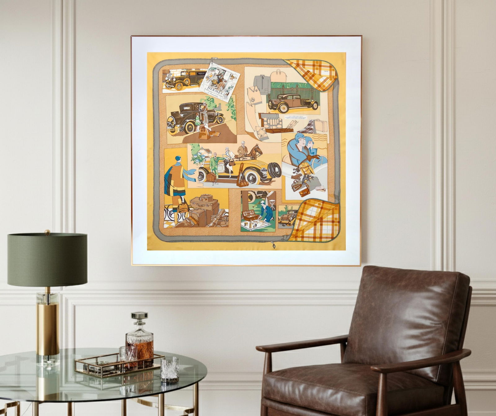 1990s Framed Hermès Silk Scarf "L'Elégance Et Le Confort en Automobile" by Caty Latham - - 2