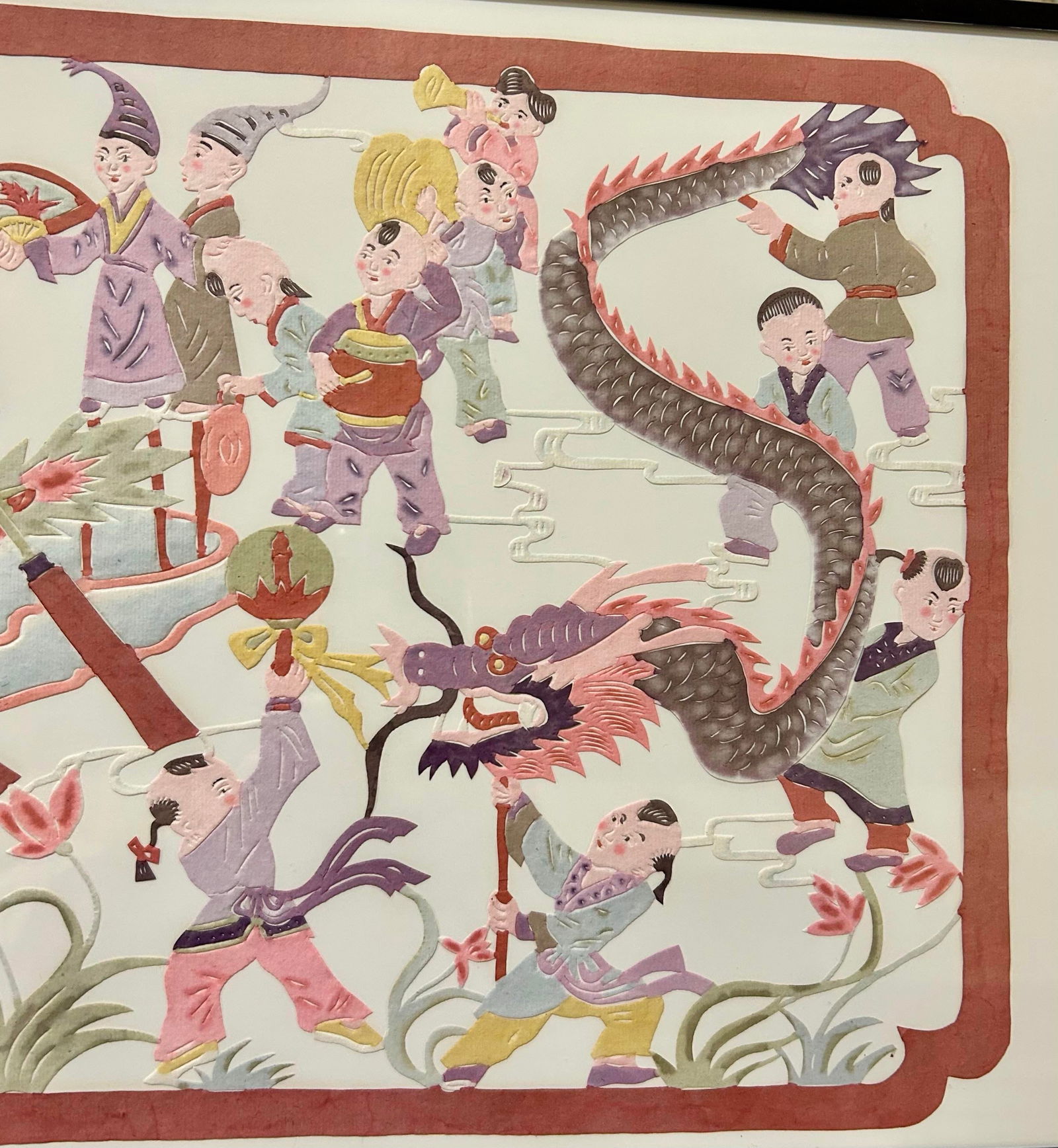 Large, Chinese Wall Hanging, Mixed Media, Depicting a Dragon Boat With Many Figures Celebrating an E - 10