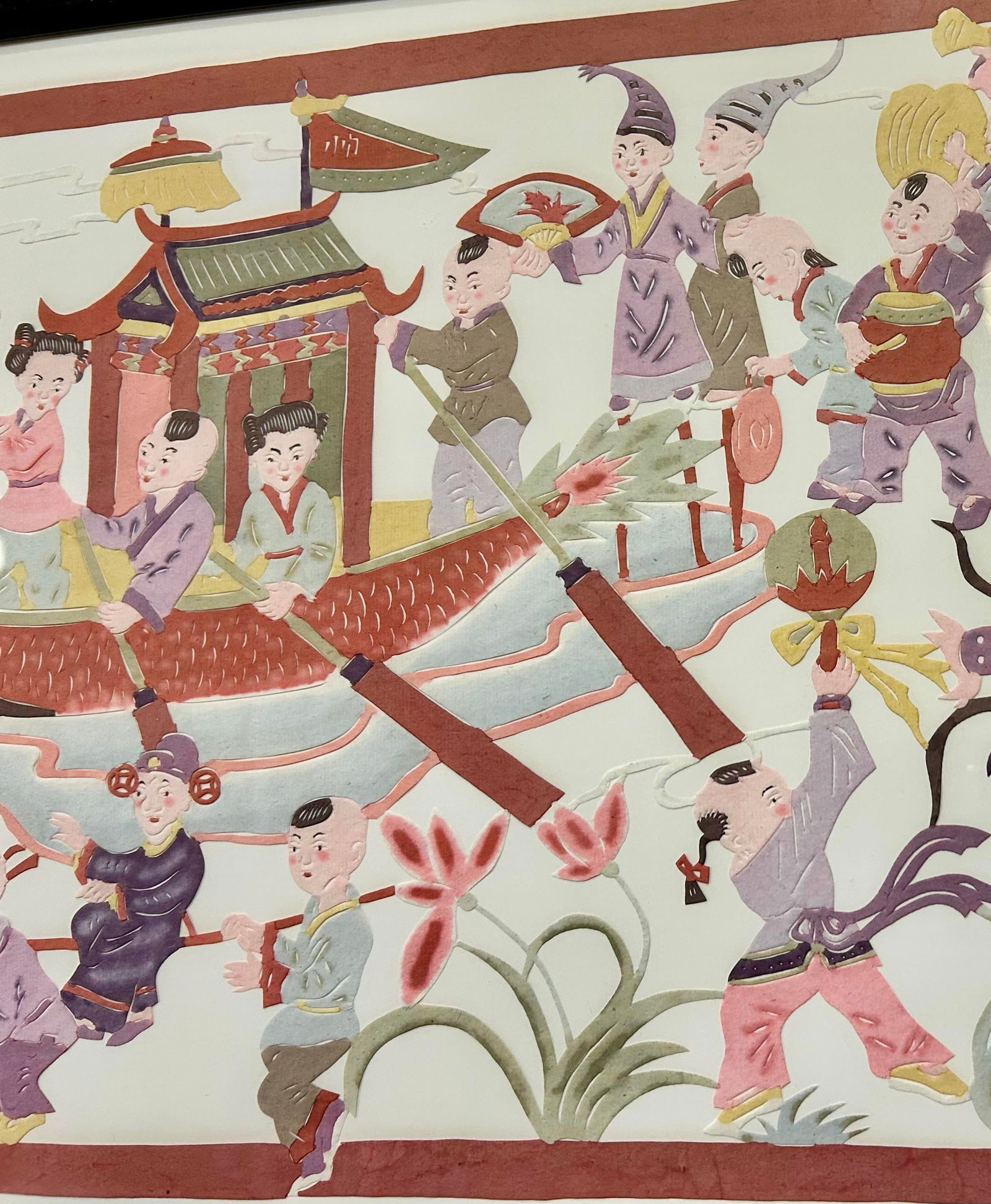 Large, Chinese Wall Hanging, Mixed Media, Depicting a Dragon Boat With Many Figures Celebrating an E - 12