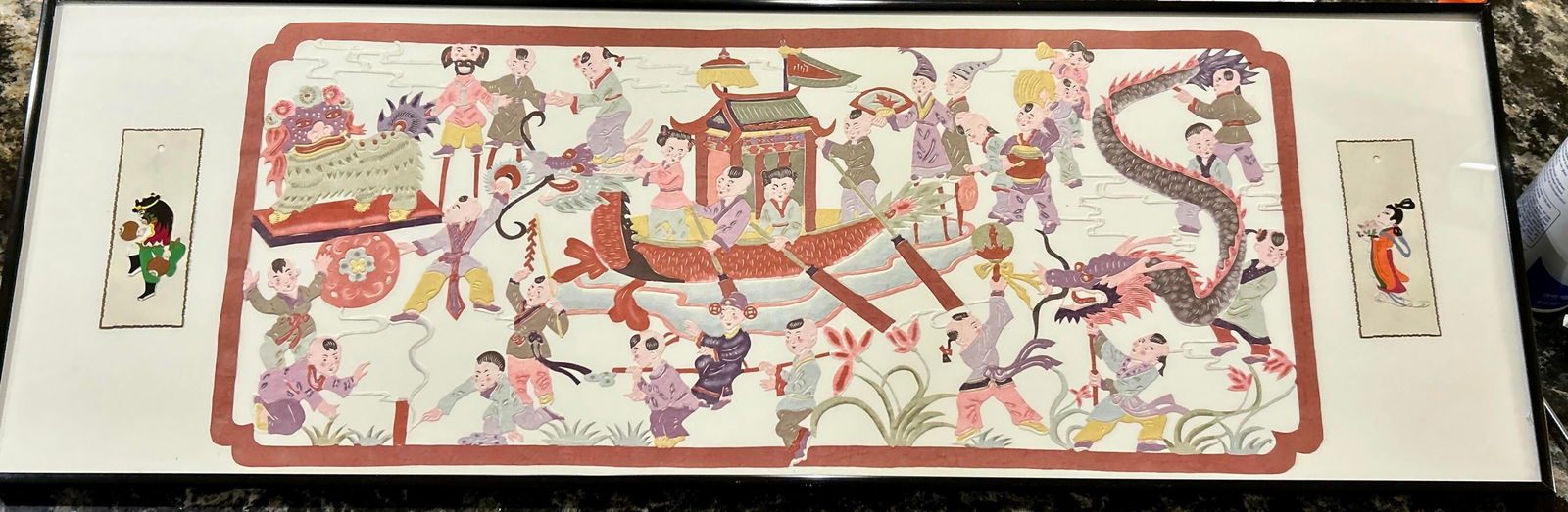 Large, Chinese Wall Hanging, Mixed Media, Depicting a Dragon Boat With Many Figures Celebrating an E - 2