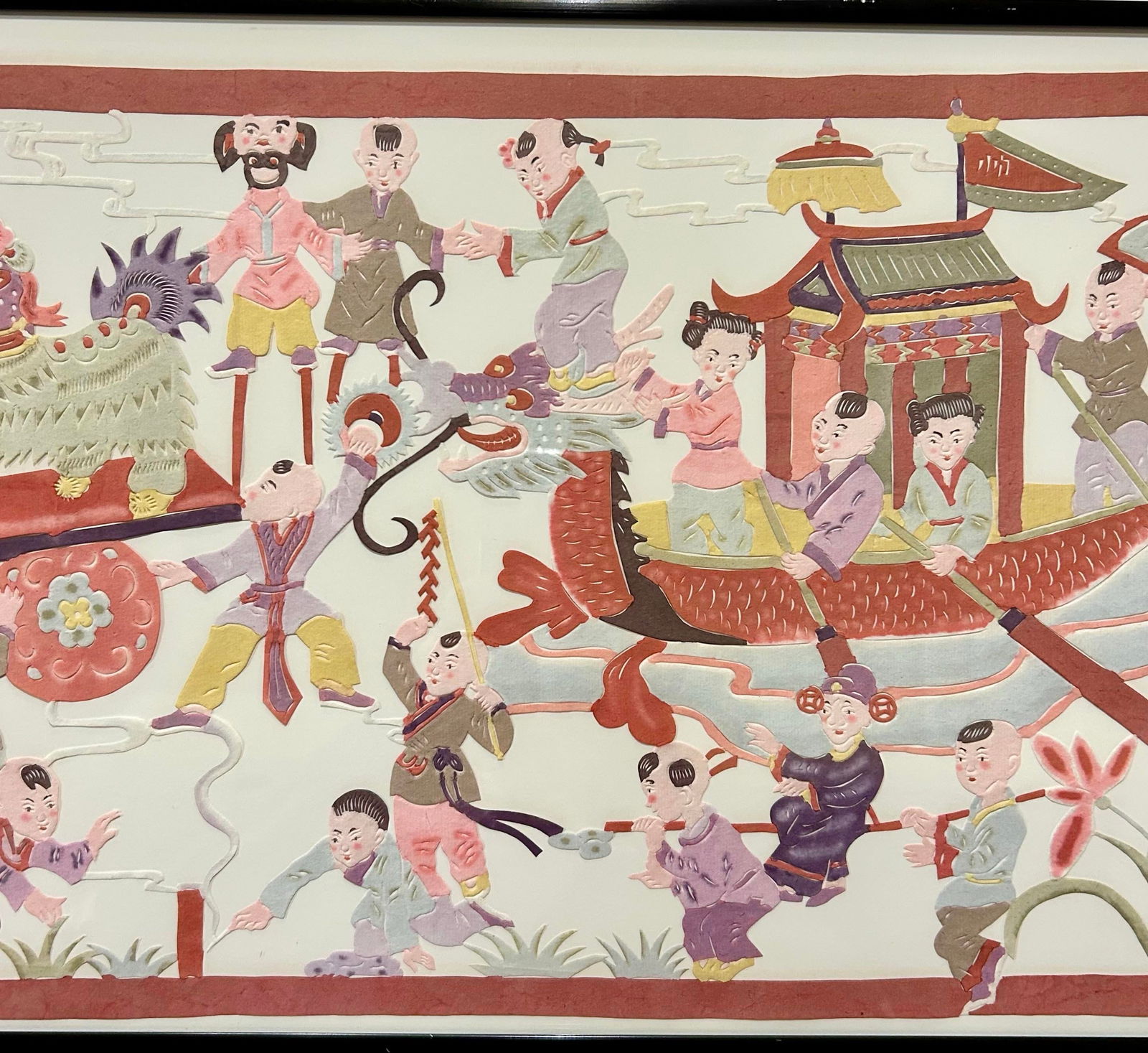 Large, Chinese Wall Hanging, Mixed Media, Depicting a Dragon Boat With Many Figures Celebrating an E - 4