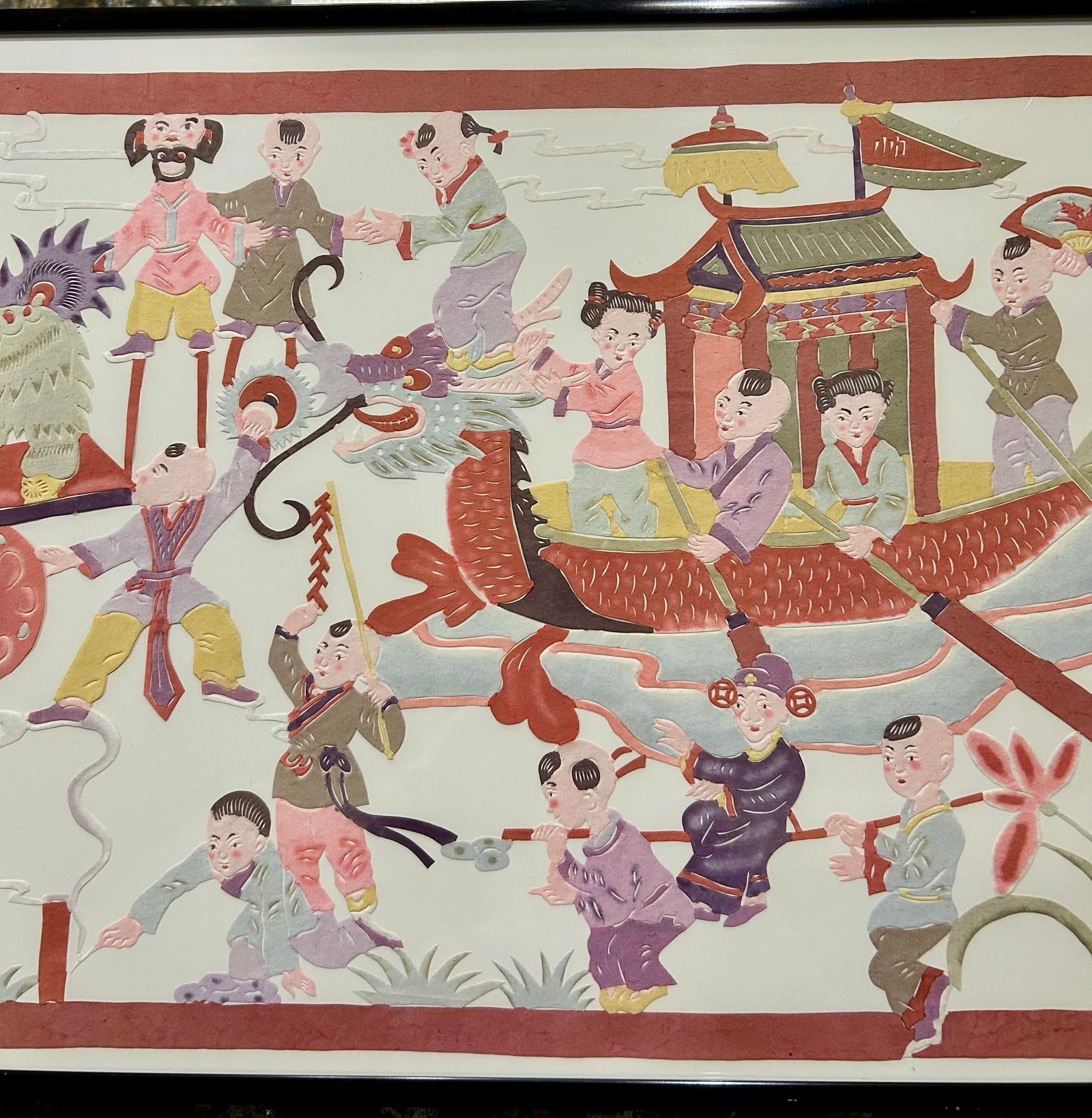 Large, Chinese Wall Hanging, Mixed Media, Depicting a Dragon Boat With Many Figures Celebrating an E - 6