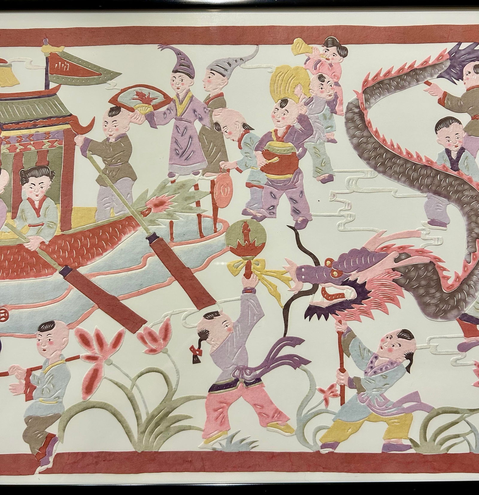 Large, Chinese Wall Hanging, Mixed Media, Depicting a Dragon Boat With Many Figures Celebrating an E - 7