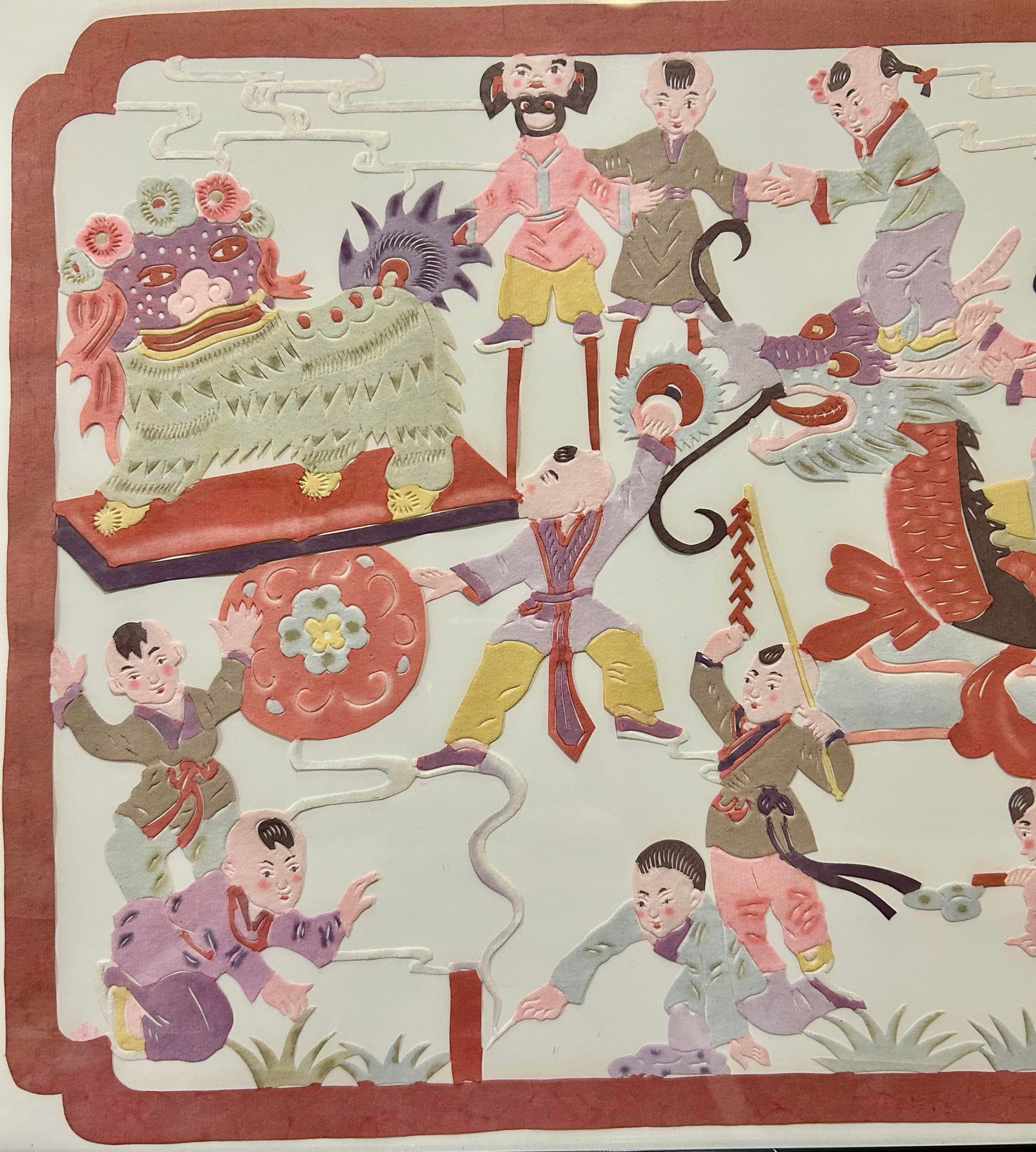 Large, Chinese Wall Hanging, Mixed Media, Depicting a Dragon Boat With Many Figures Celebrating an E - 9