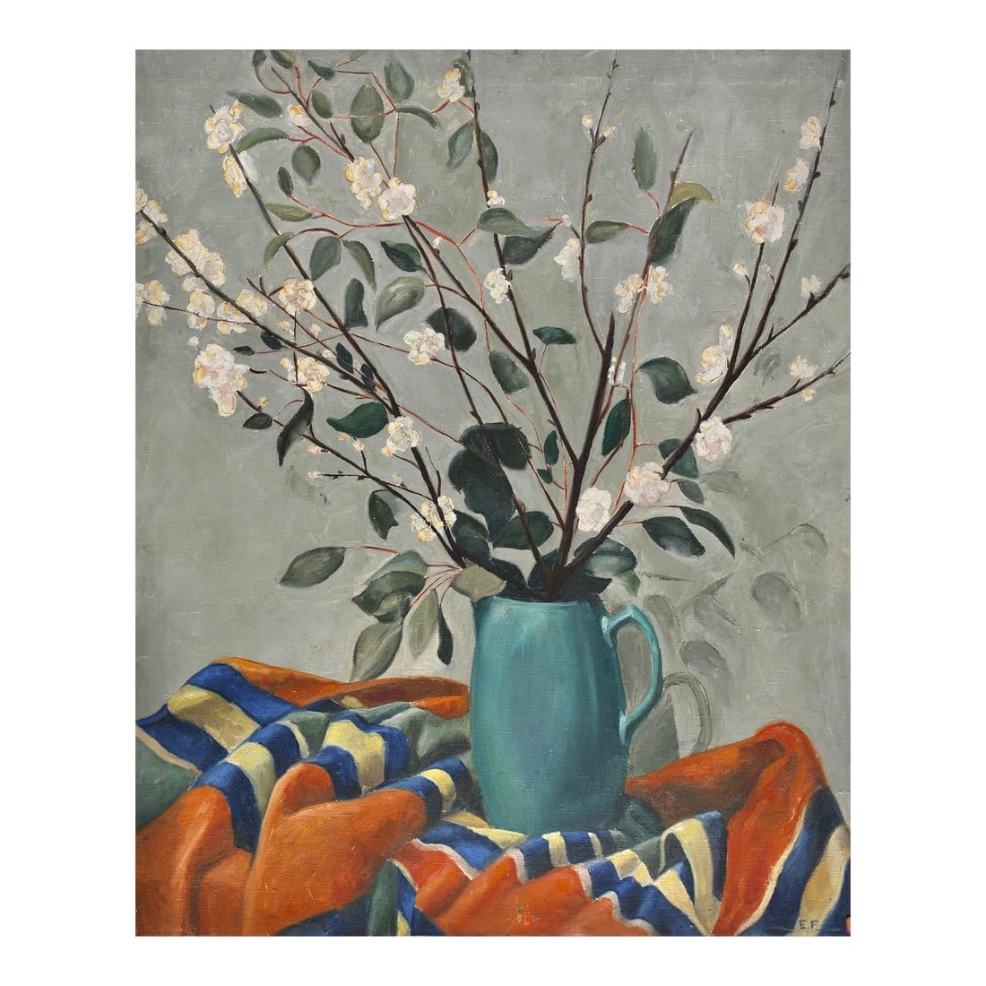 Original 1940's "Still Life With Cherry Blossoms"-Signed: This wonderful original oil on canvas still life features a Blue pitcher filled with cherry blossom branches sitting on a Mexican serape. Beautifully painted by Elizabeth Ferzacca, (1920-2013), a