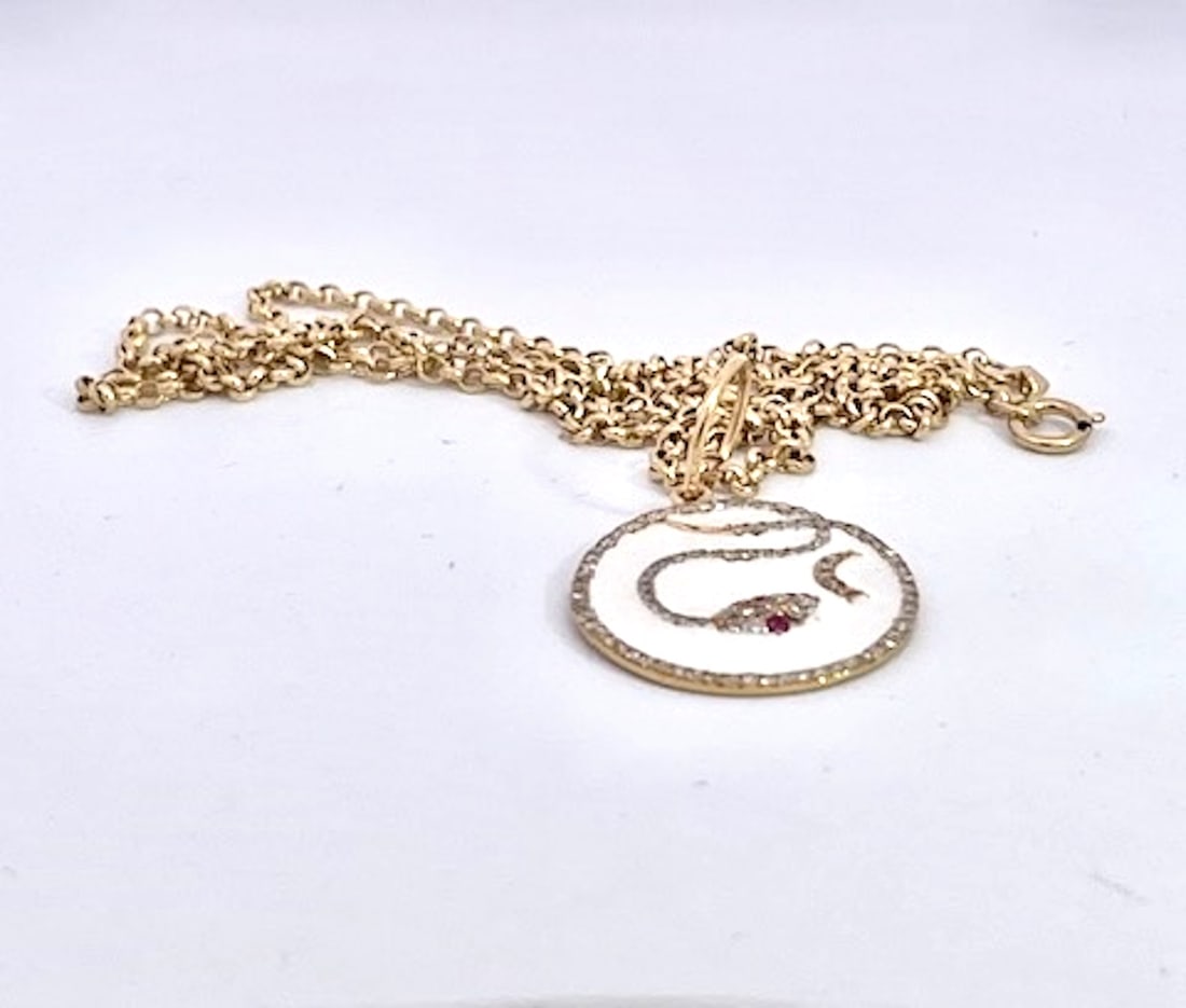 1970s Snake Pendant Diamond Ruby Crescent 14k - 3
