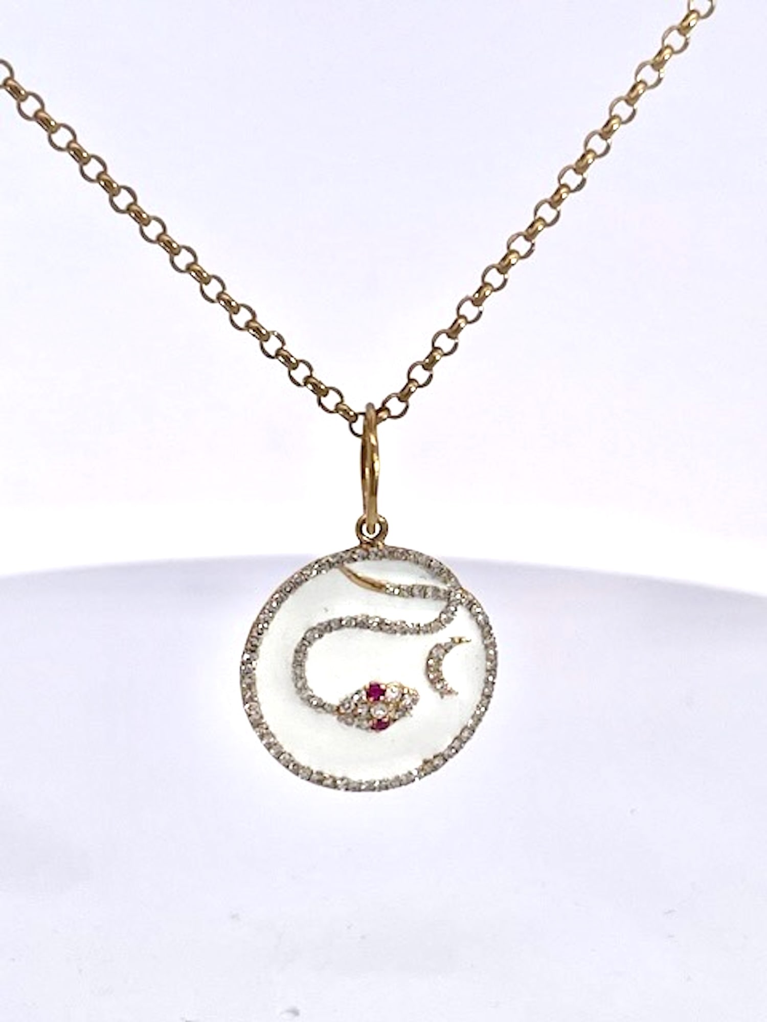 1970s Snake Pendant Diamond Ruby Crescent 14k - 4