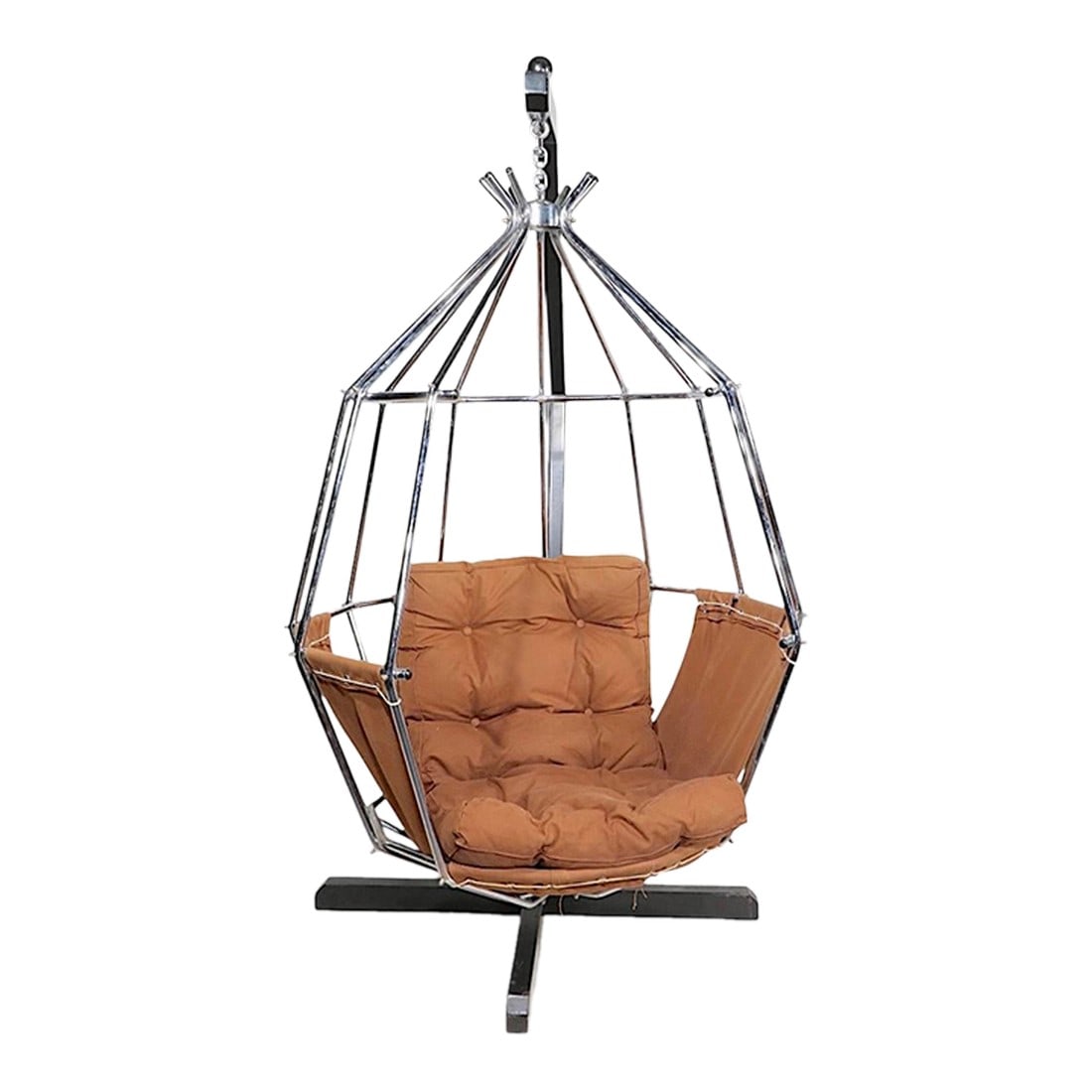 Space Age Hanging Parrot Chair by Ib Arberg Made in Sweden C. 1970's: Iconic Space Age Parrot, or Gojan, hanging cage chair, designed by IB Arberg, for ABRA Mobler made in Sweden circa 1970's. The chair features a chrome framed upholstered seat, which is suspended