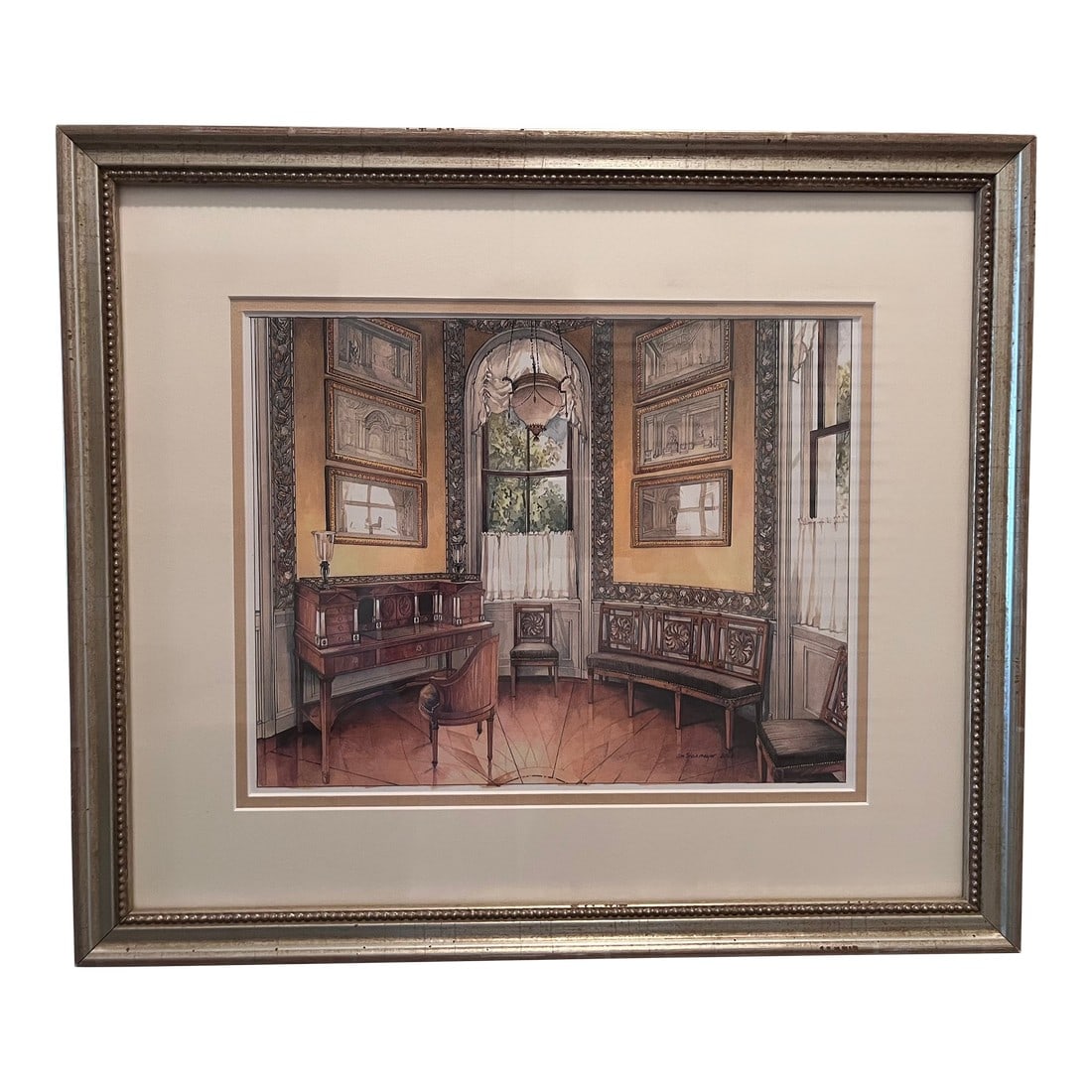 Jim' Steinmeyer-Custom Framed Interiors Watercolor Print: This lovely custom framed lithograph of an original watercolor by noted artist, Jim Steinmeyer, features museum quality double acid-free mats and Silver leafed molding. Steinmeyer illustrated