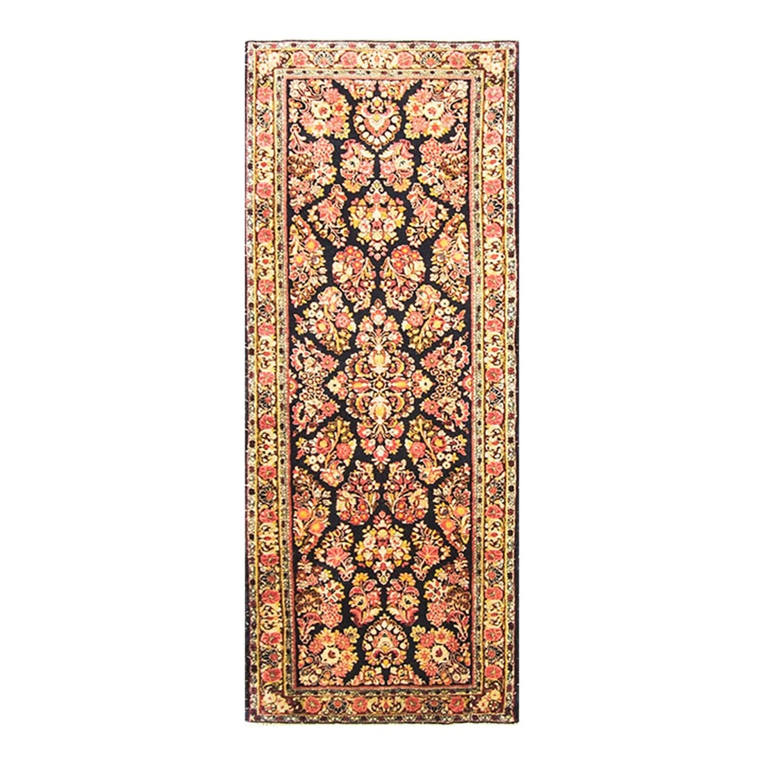 Antique Persian Mohajeran Sarouk Runner: The blue field woven with flowering fan palmettes extending to a central floral spray and flower-filled urns within rust flowering palmette and vine border by blue and ivory guard borders. The source