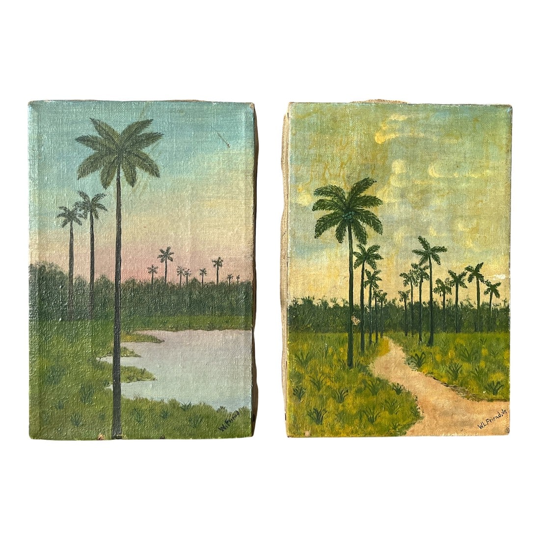 Pair of Late 19th Century Florida Landscape Oil Paintings on Canvas, Signed: A rare and evocative pair of late 19th-century oil paintings on canvas depicting serene old Florida landscapes with palms, waterways, and winding sandy paths. Rendered in soft, atmospheric tones,
