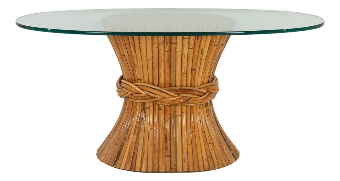 1970s McGuire Sculptural Rattan & Bamboo "Sheaf of Wheat" Oval Console Table: McGuire Sculptural Rattan & Bamboo "Sheaf of Wheat" Oval Console Table Base An exceptional example of Organic Modern design, this authentic vintage McGuire sculptural table base"”model BA-16,